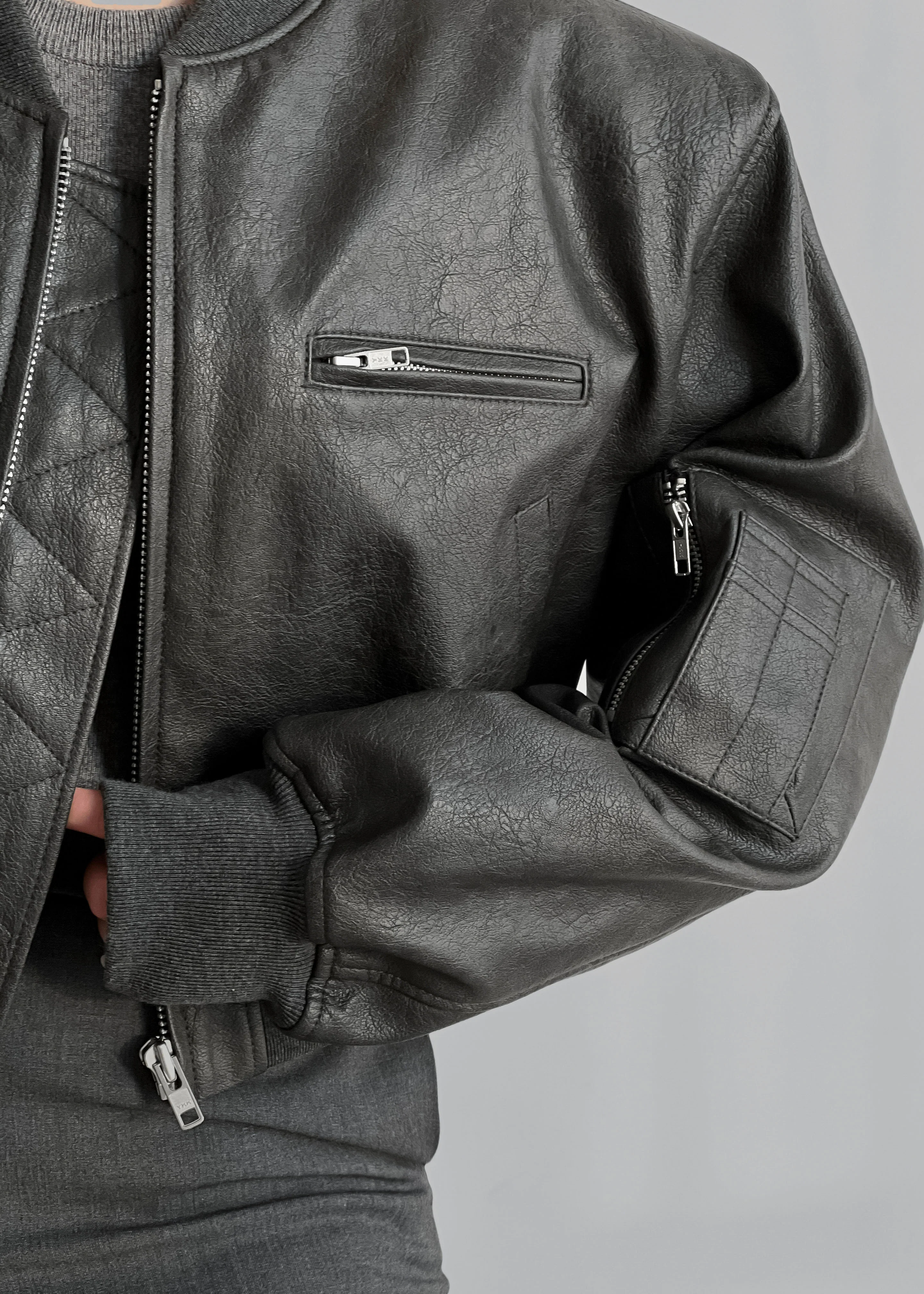 Gae Faux Leather Cropped Bomber - Charcoal - Image 5