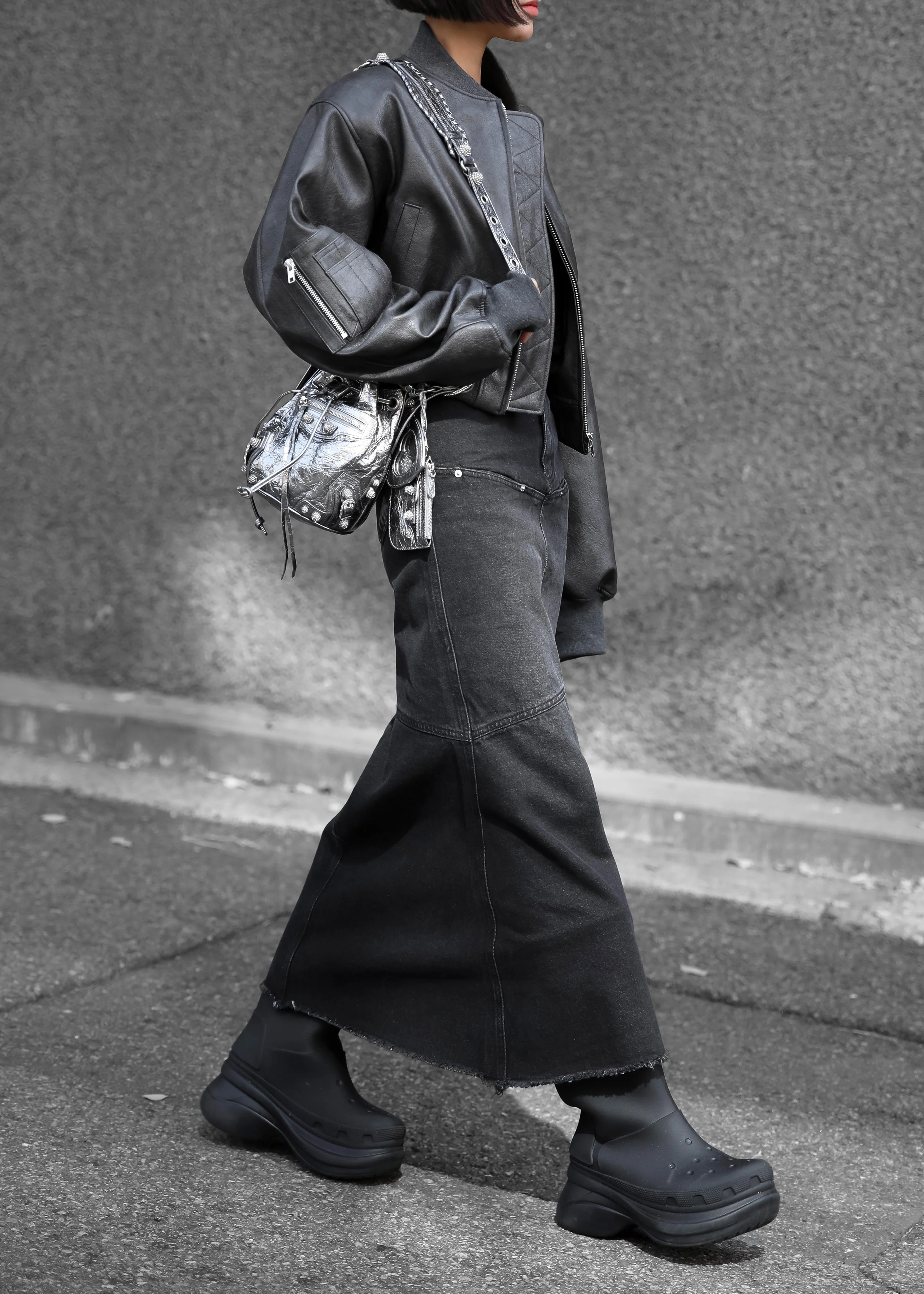Gae Faux Leather Cropped Bomber - Charcoal - Image 6