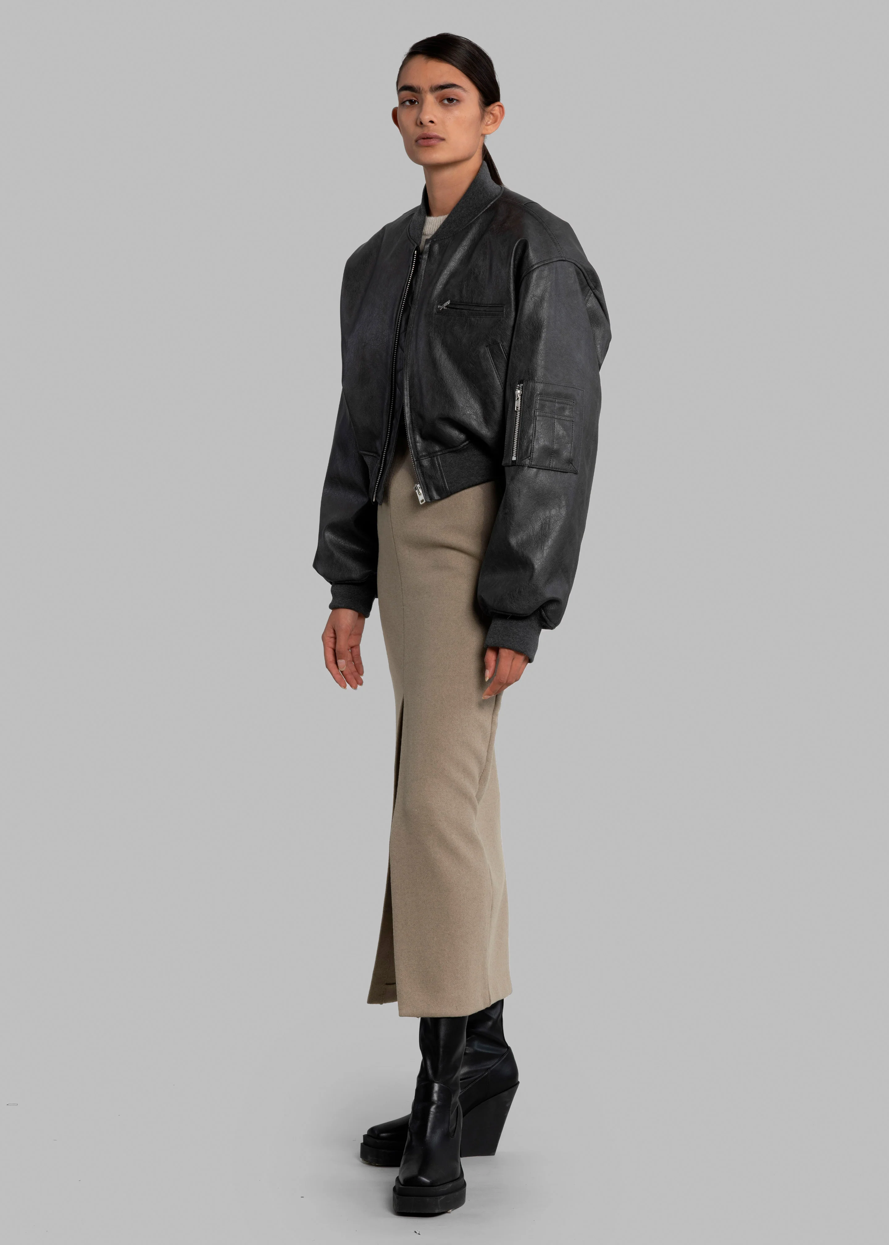 Gae Faux Leather Cropped Bomber - Charcoal - Image 7
