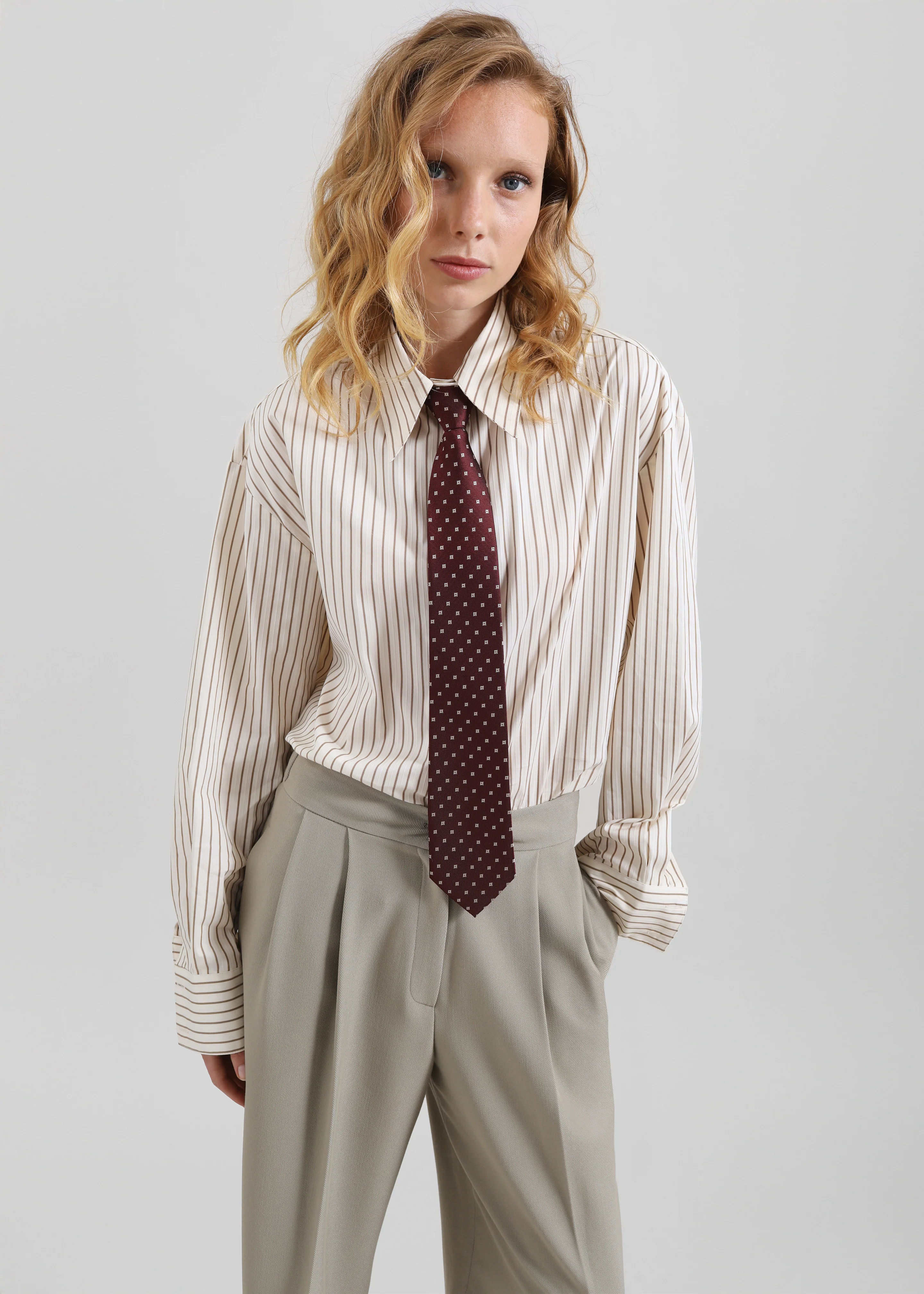 Gainsford Neck Tie Shirt - Beige/Brown Stripe - Image 6