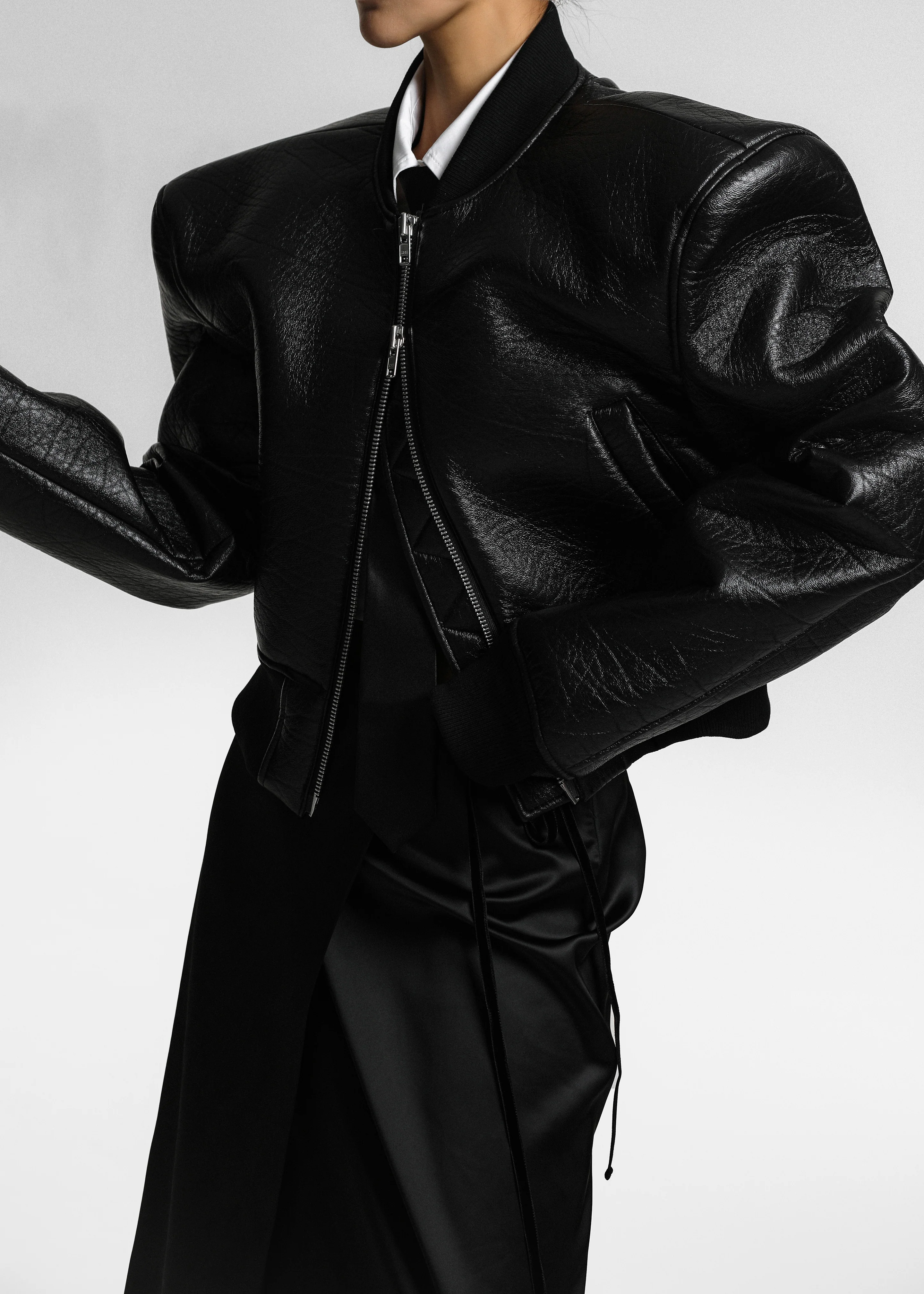 Glane Faux Leather Bomber Jacket - Black - Image 2