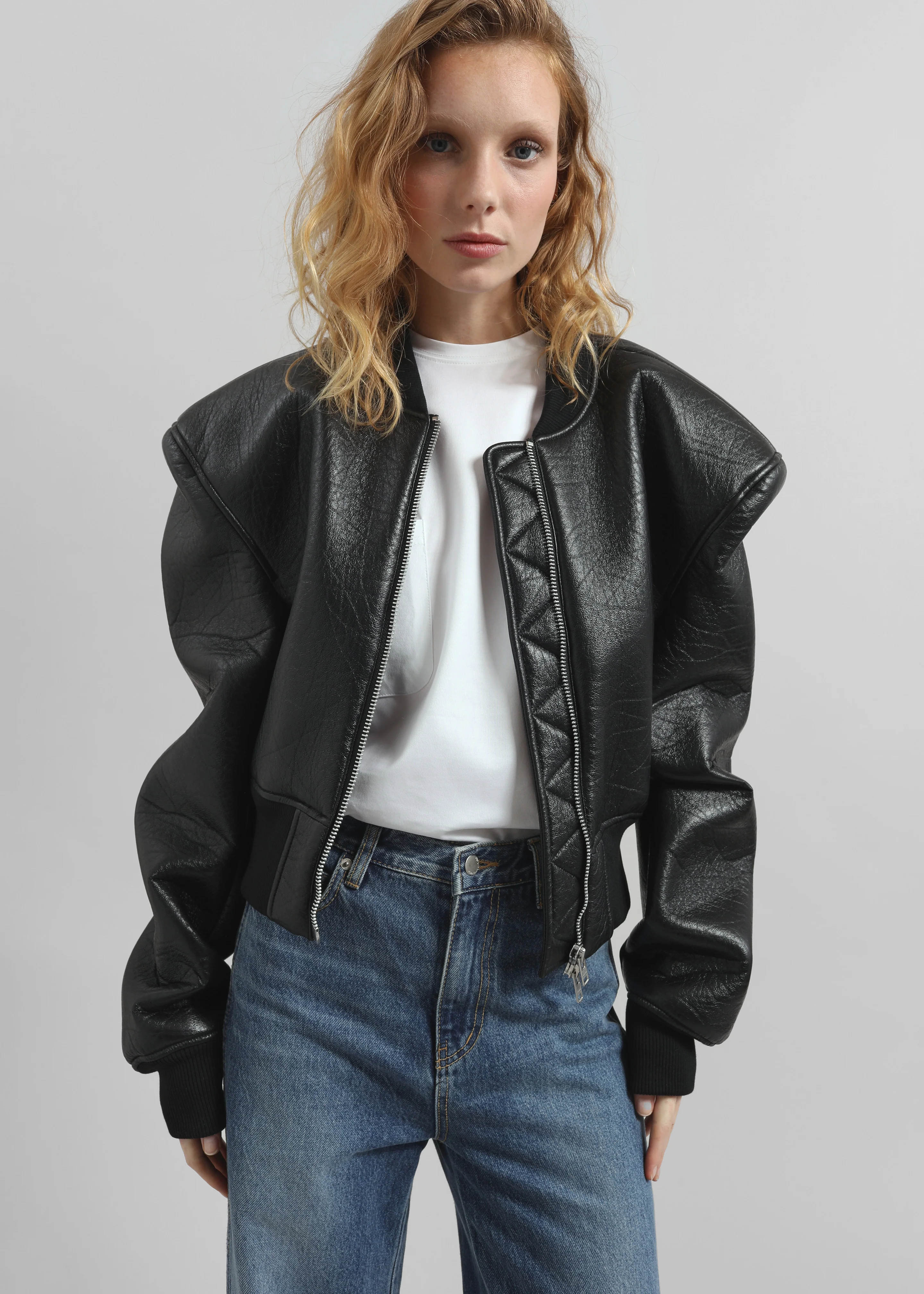 Glane Faux Leather Bomber Jacket - Black - Image 3