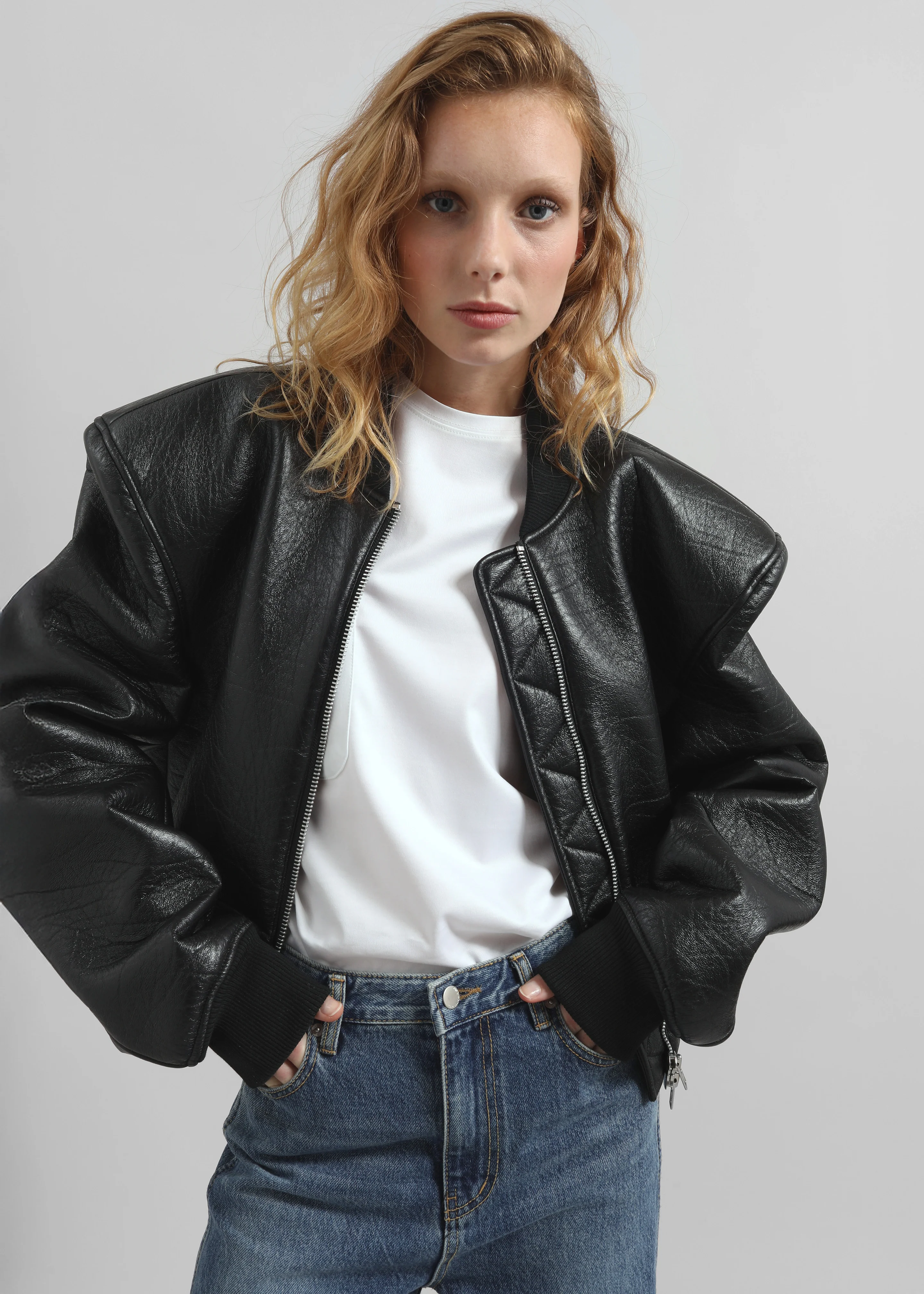 Glane Faux Leather Bomber Jacket - Black - Image 6