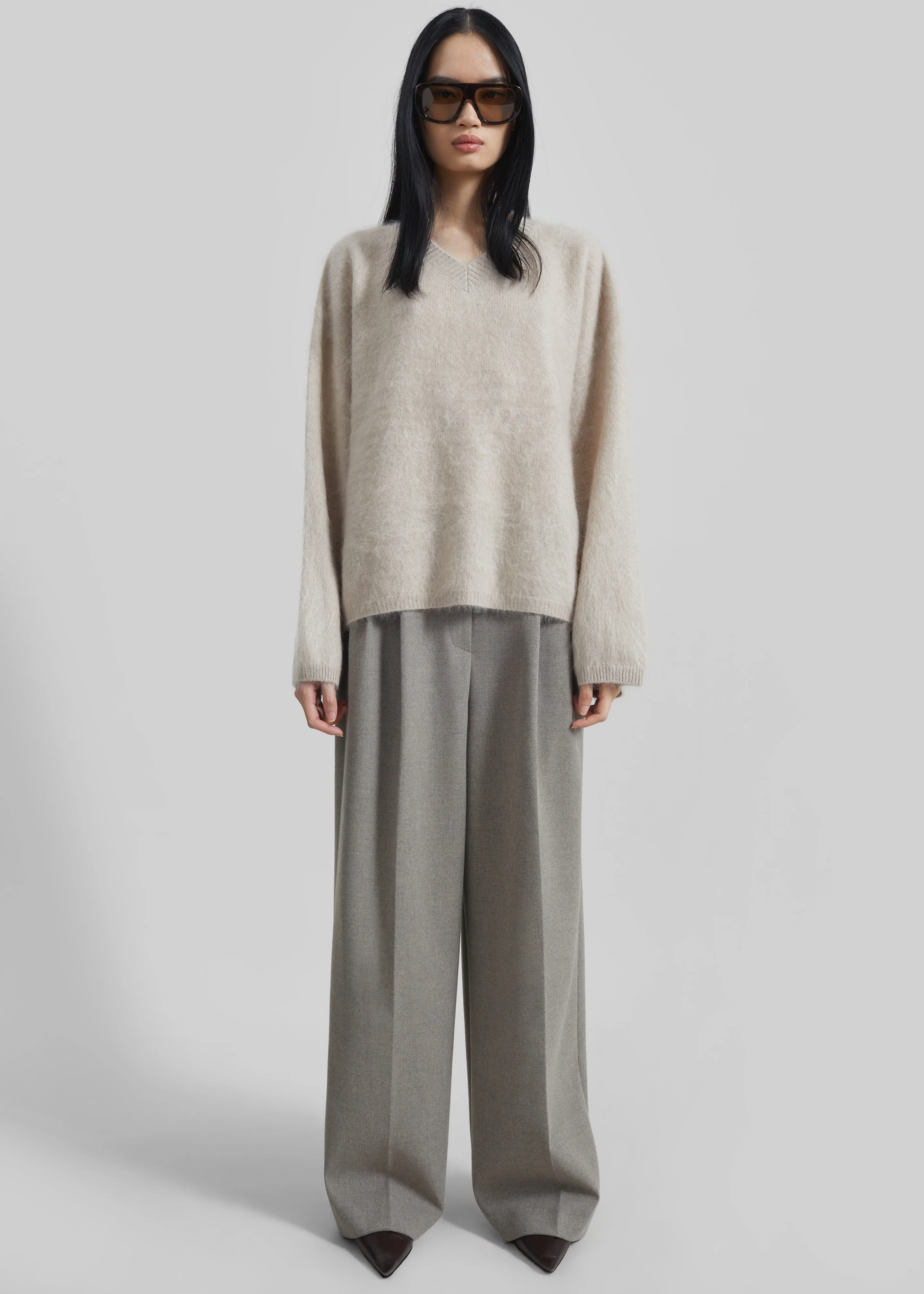 Haflso Pleated Wide Trousers - Beige Melange - Image 5