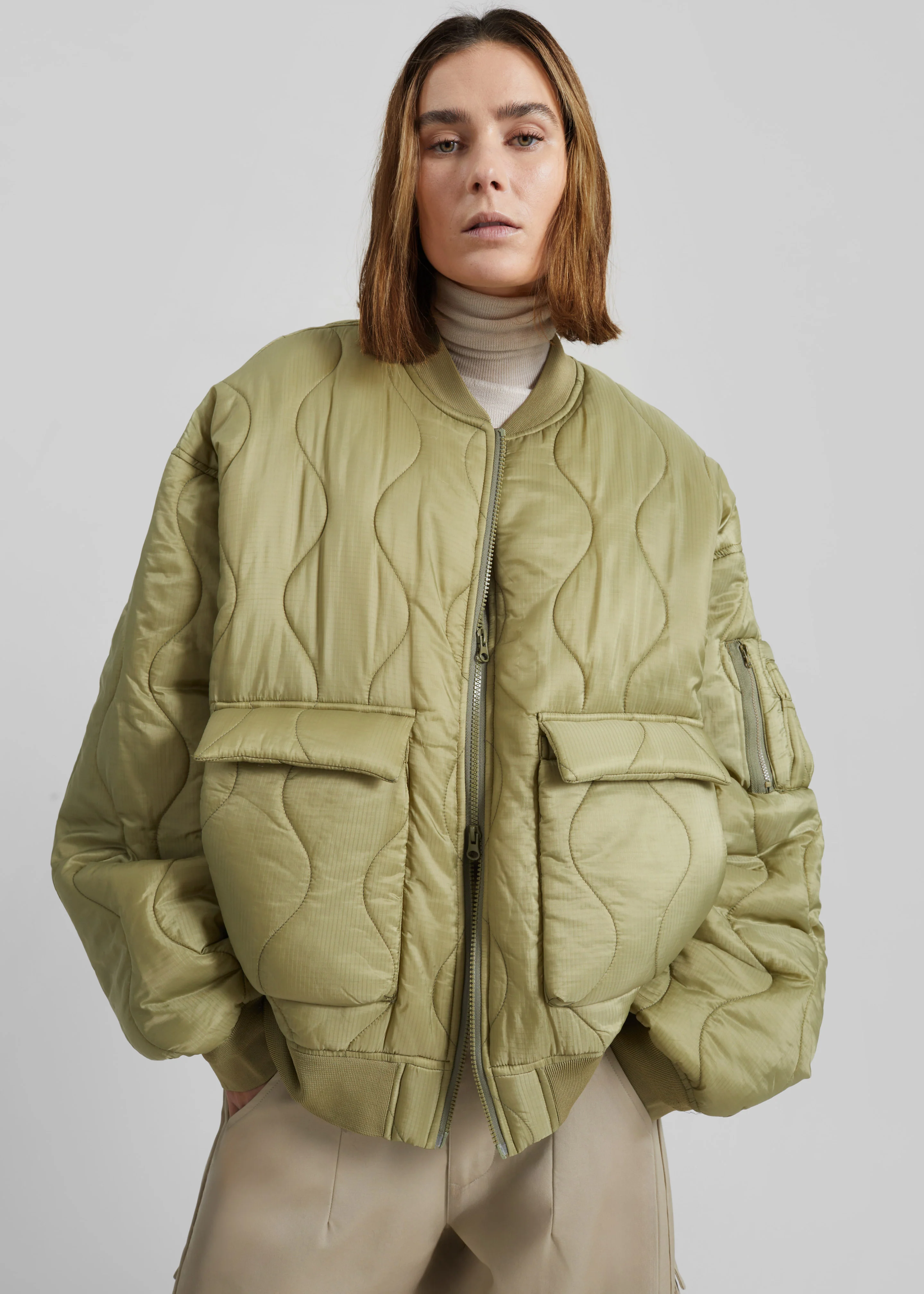 Halsey Quilted Bomber Jacket - Moss Green - Image 6