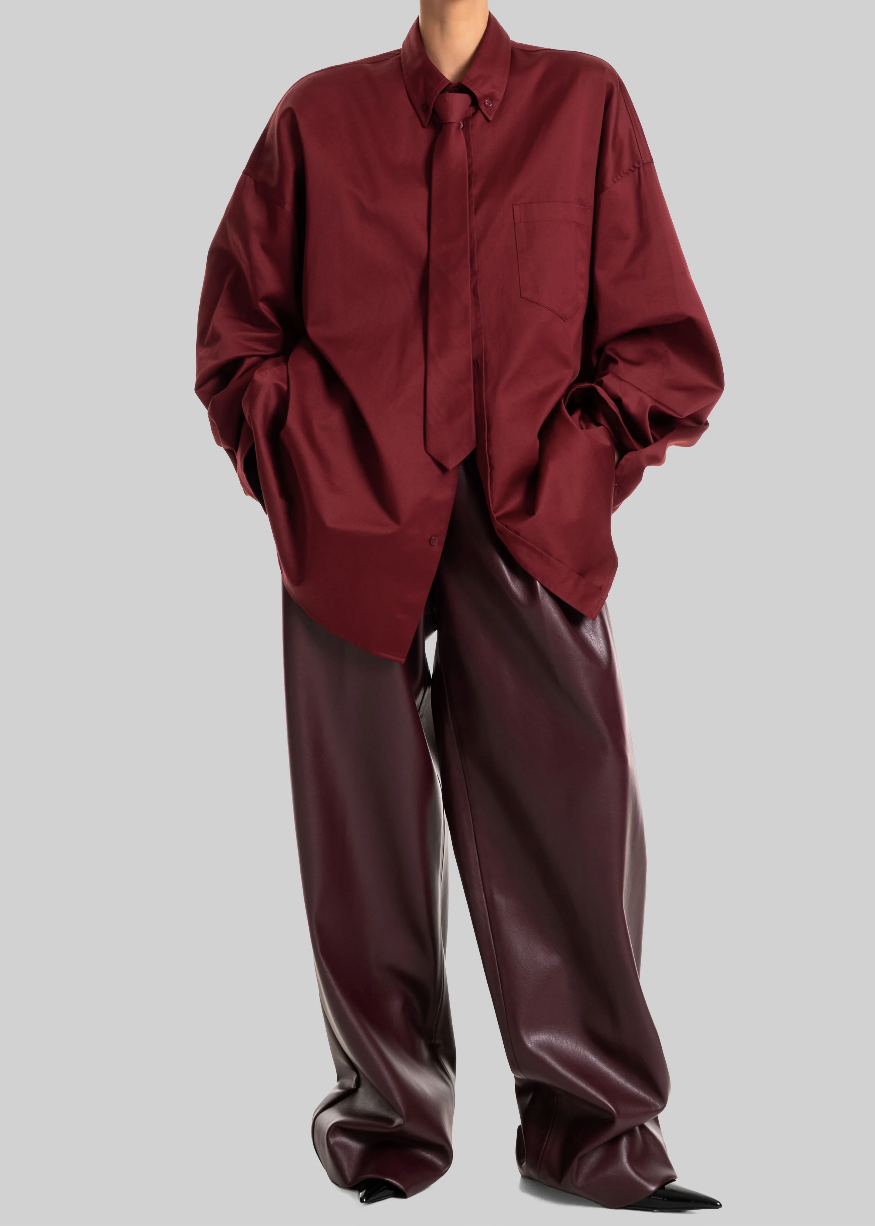 Havelock Oversized Neck-Tie Shirt - Dark Red - Image 3