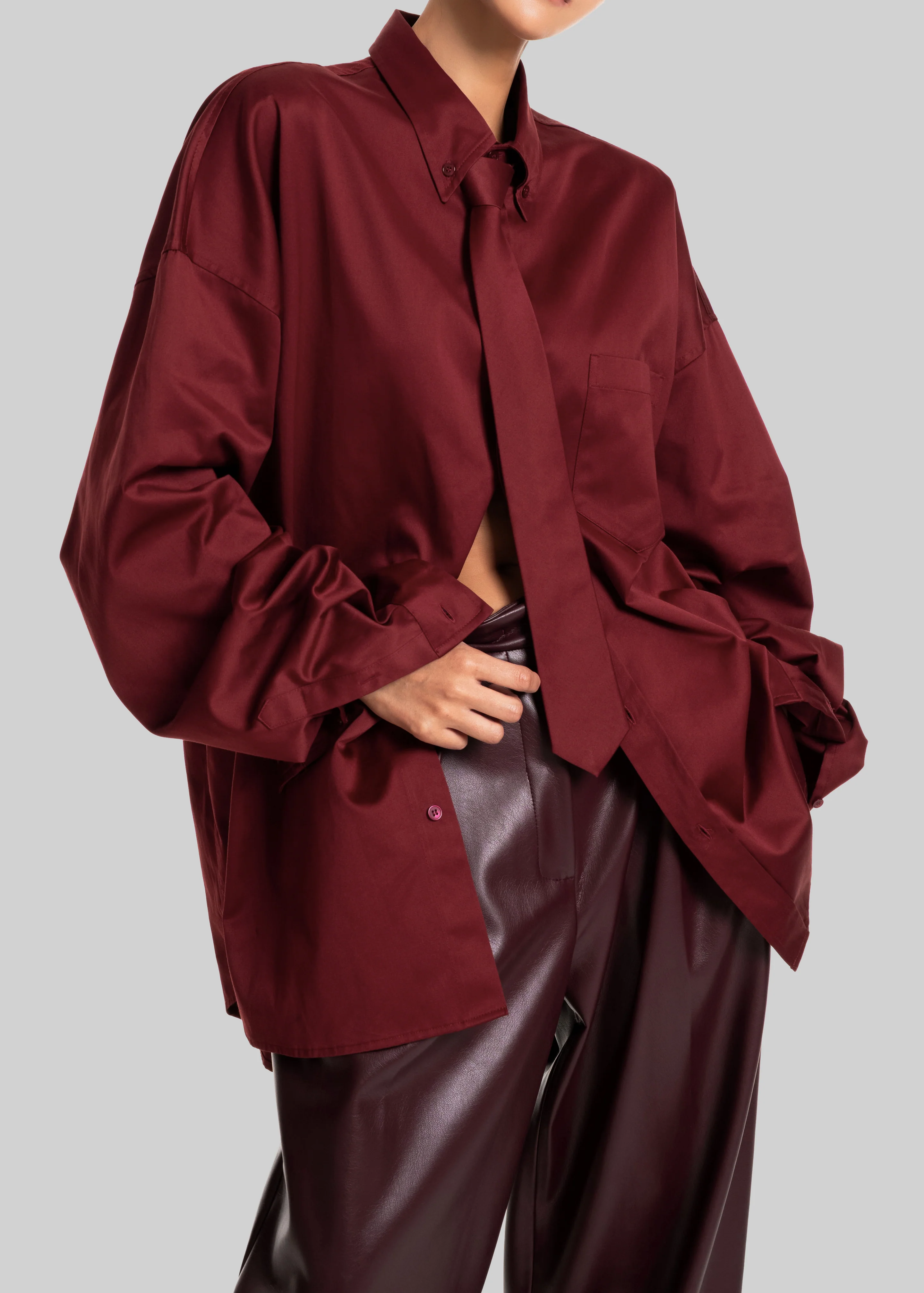 Havelock Oversized Neck-Tie Shirt - Dark Red - Image 5