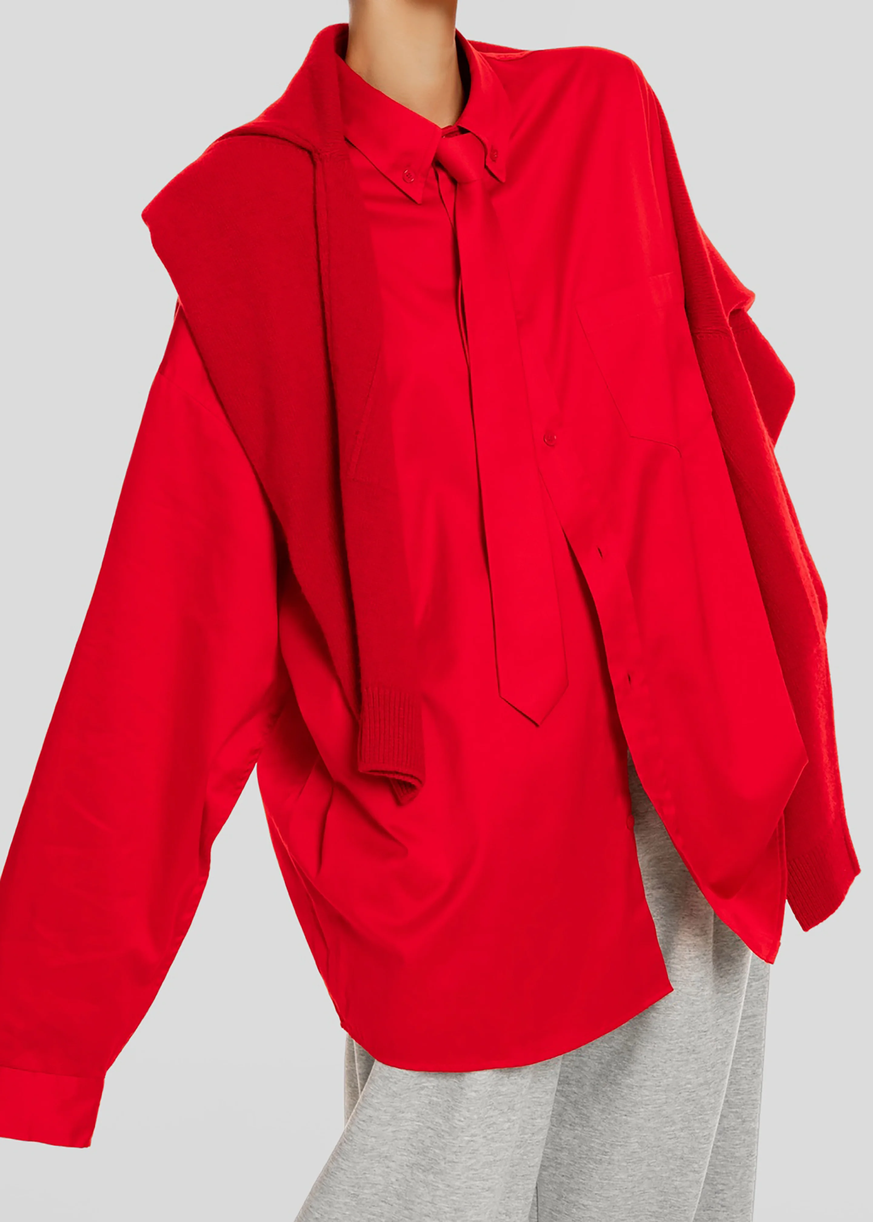 Havelock Oversized Neck-Tie Shirt - Red - Image 10