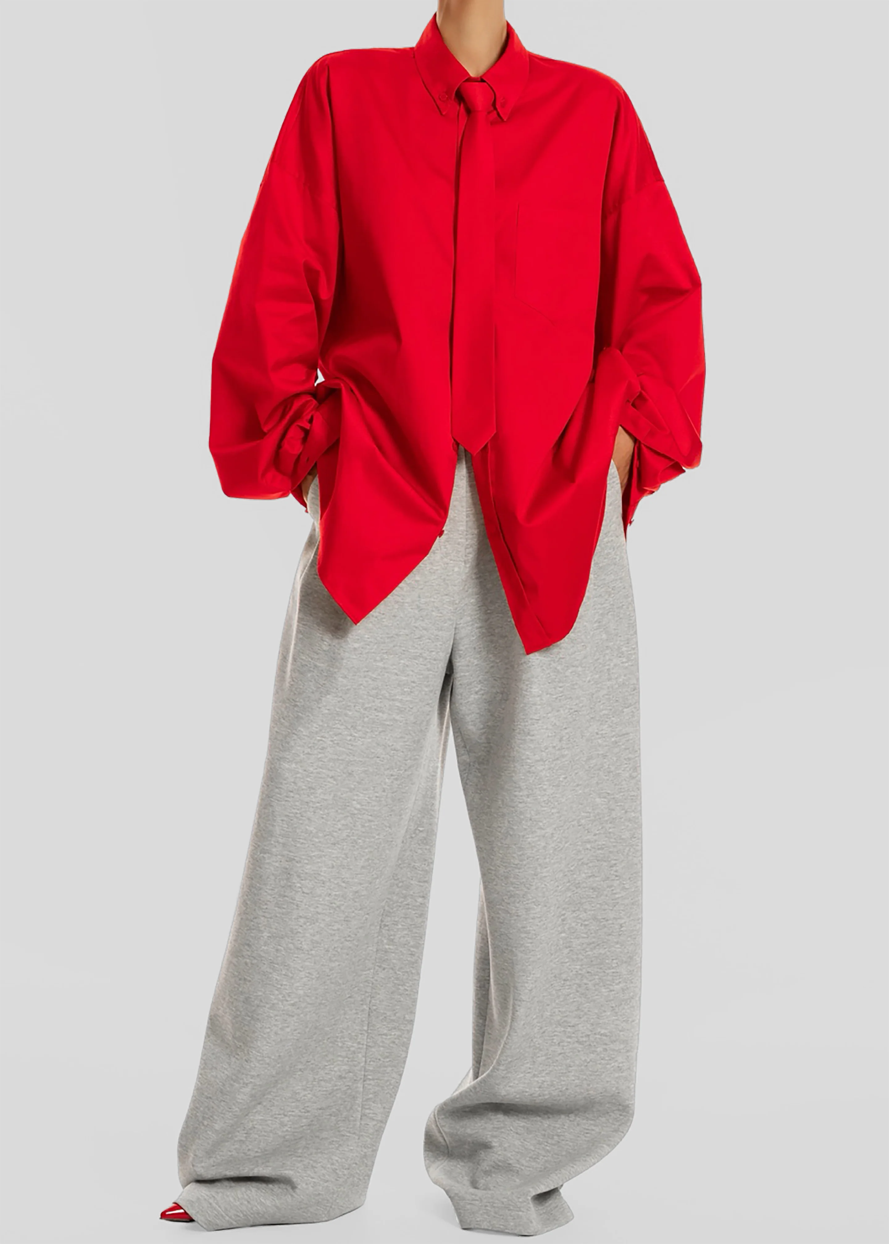 Havelock Oversized Neck-Tie Shirt - Red - Image 5