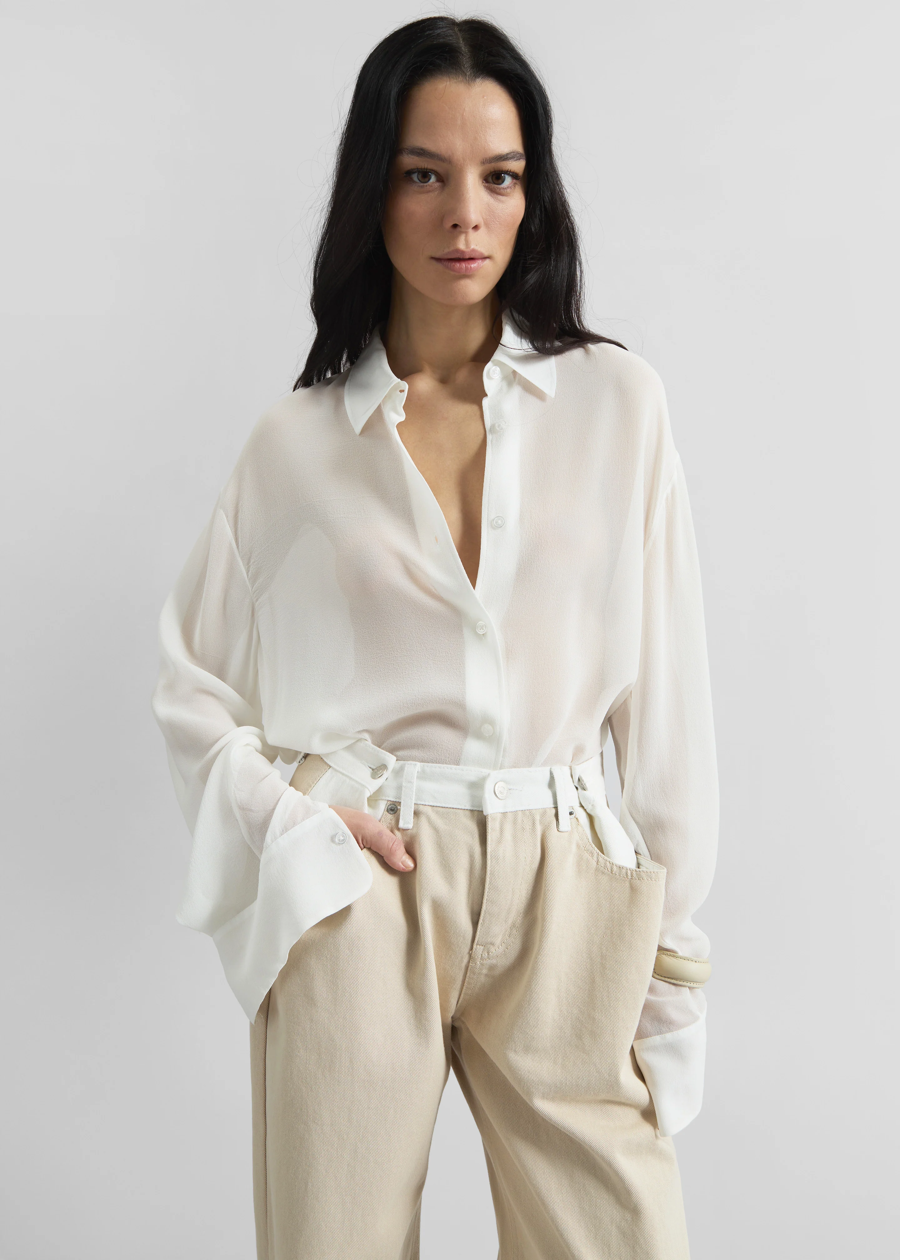 Hayla Contrast Denim Pants - Beige/Off White - Image 6
