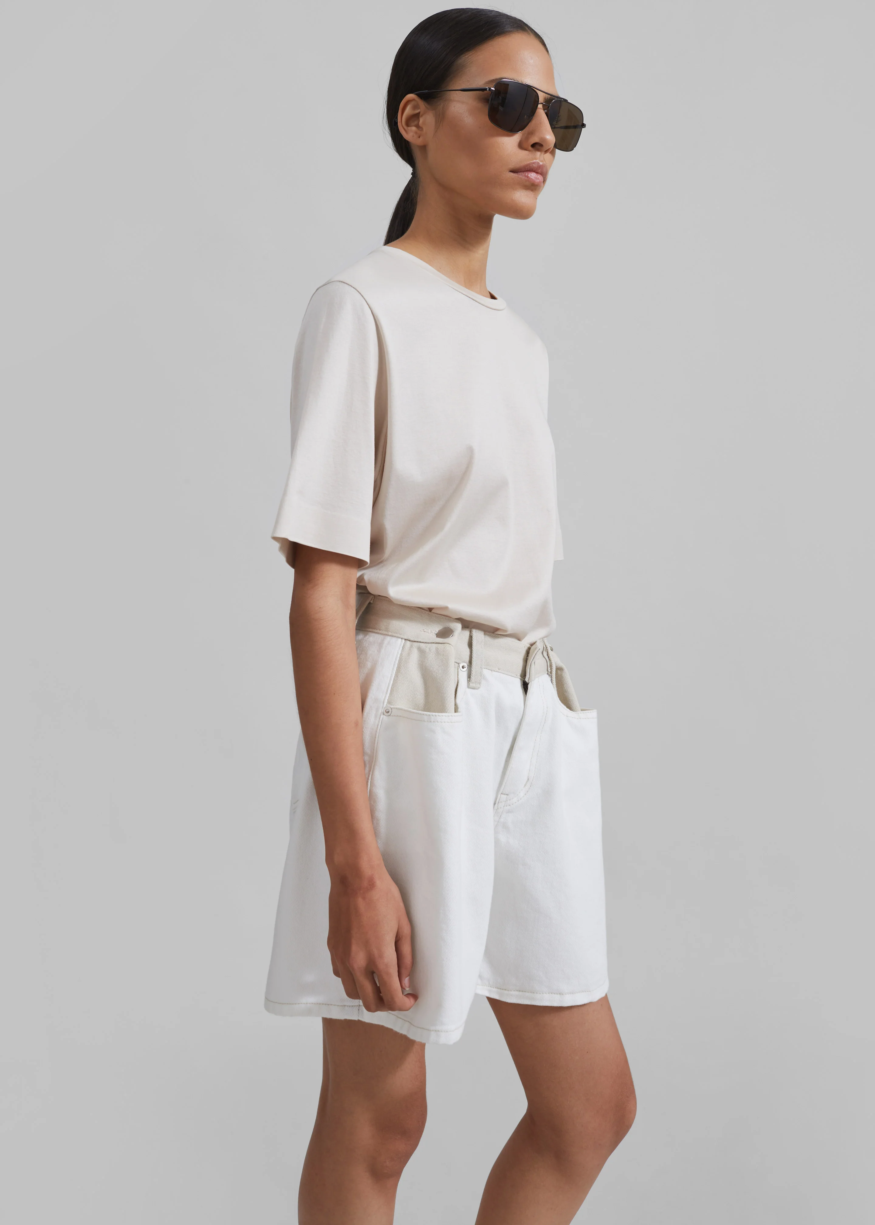 Hayla Contrast Denim Shorts - Off White/Beige - Image 10