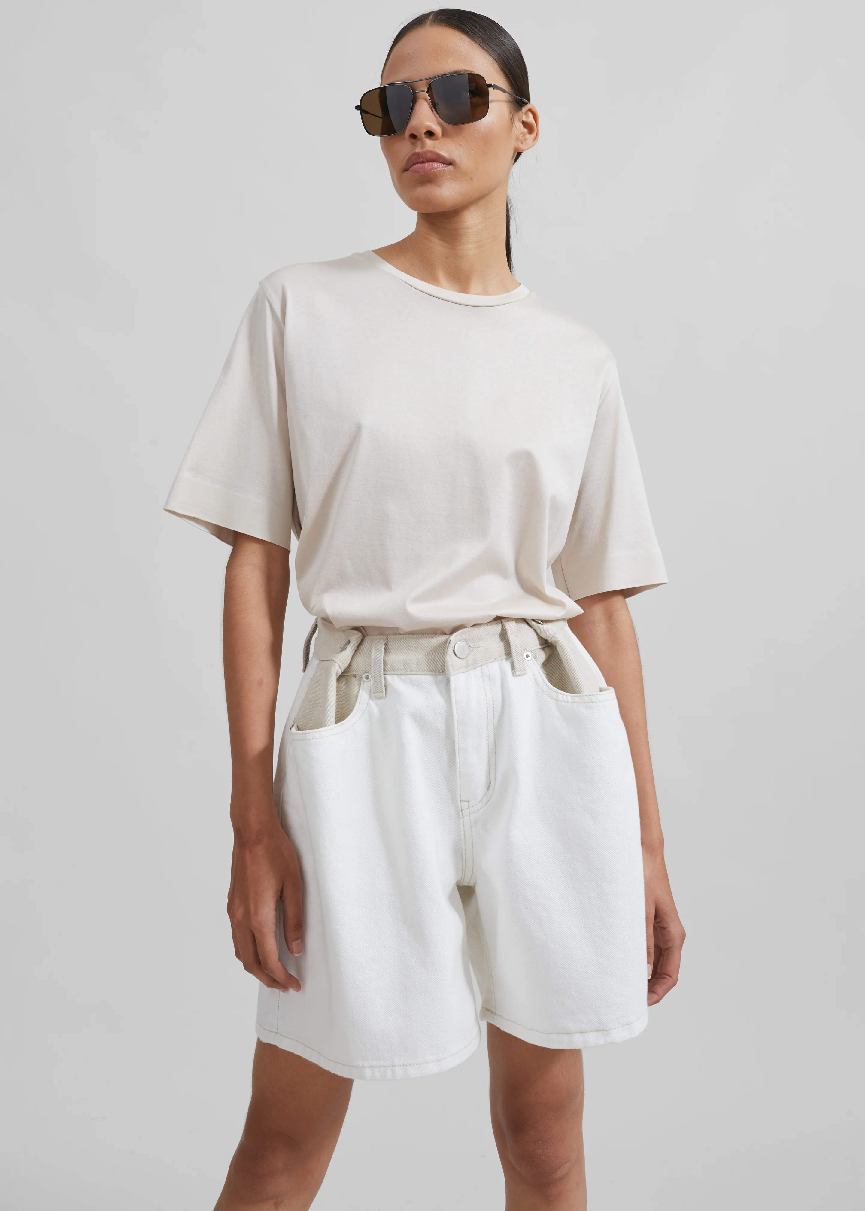 Hayla Contrast Denim Shorts - Off White/Beige - Image 9