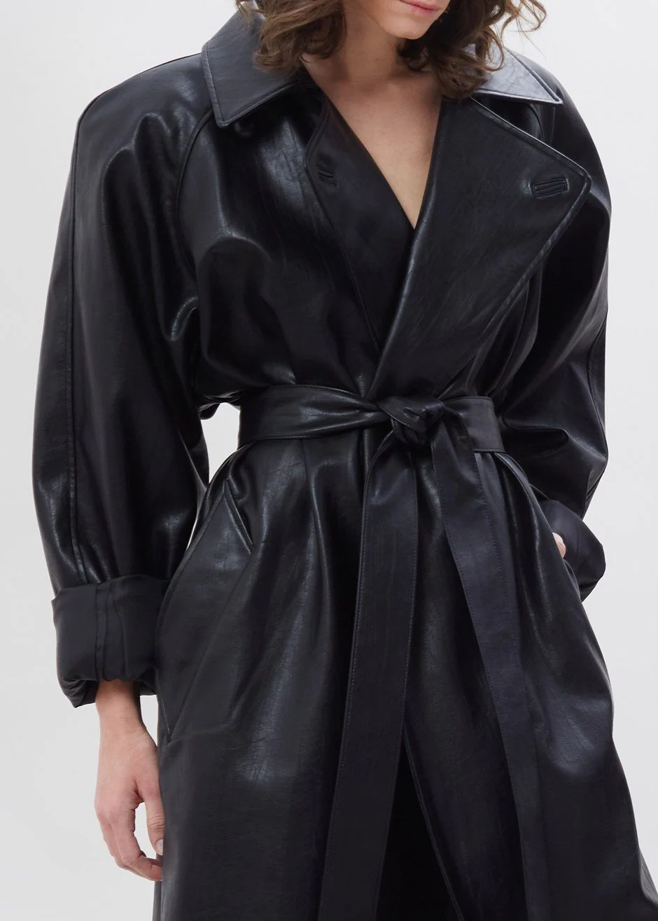 Henna Oversized Faux Leather Trench - Black - Image 3