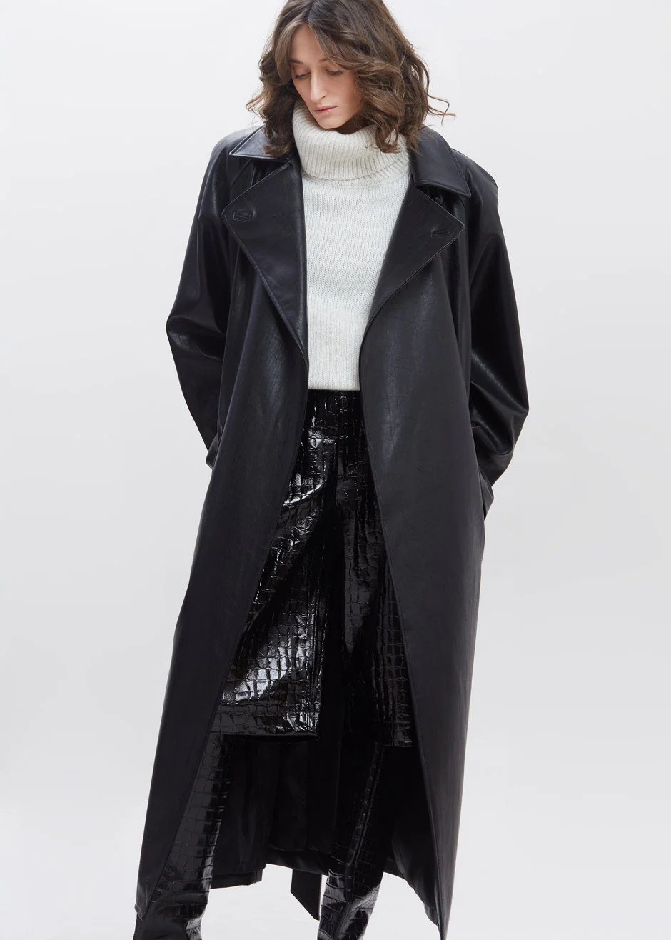 Henna Oversized Faux Leather Trench - Black - Image 6