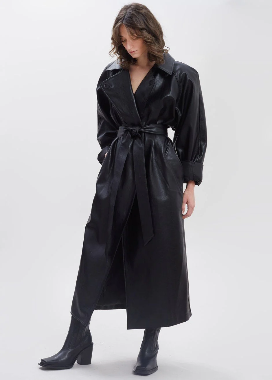 Henna Oversized Faux Leather Trench - Black - Image 8