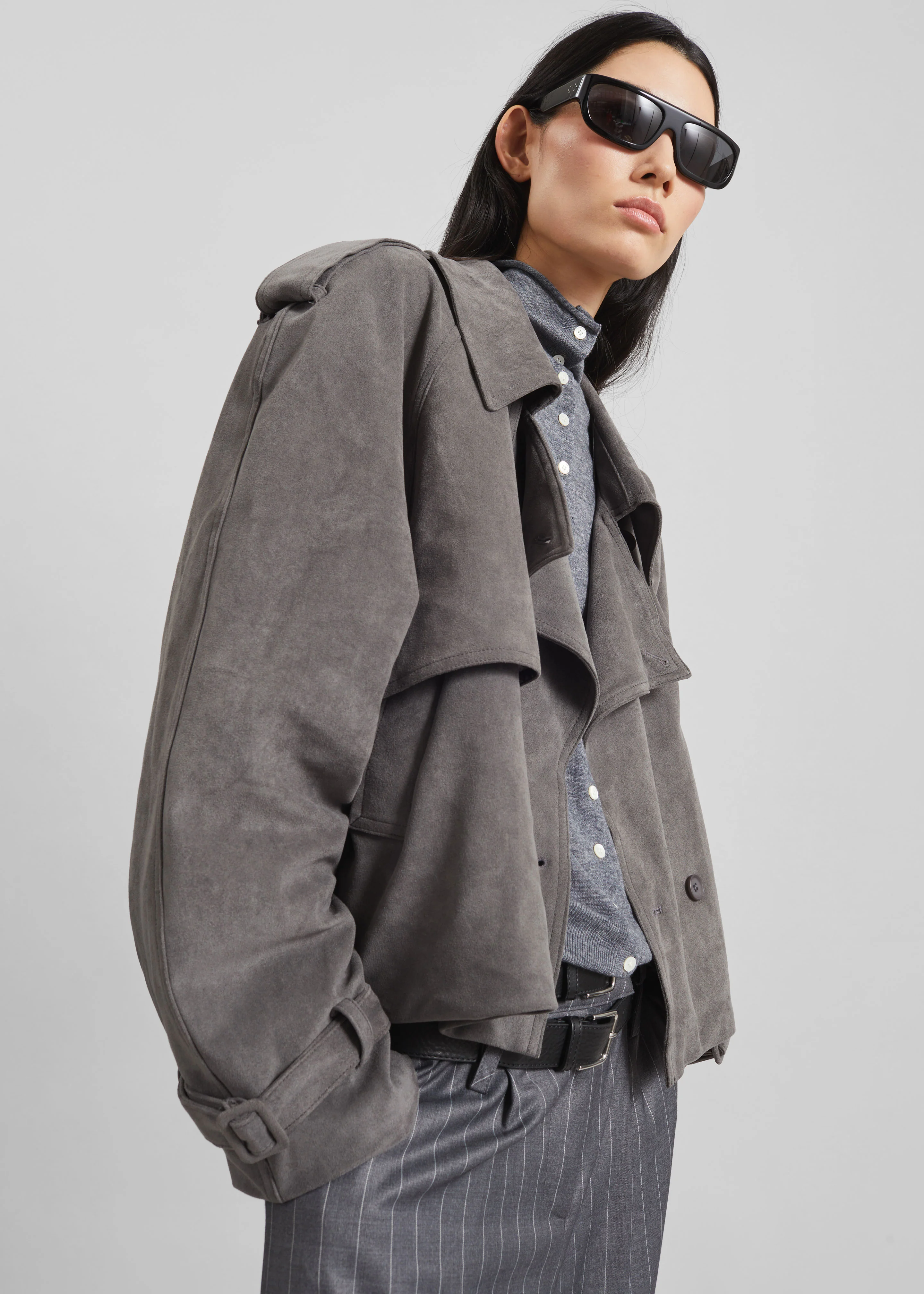 Islington Faux Suede Cropped Trench - Grey - Image 4