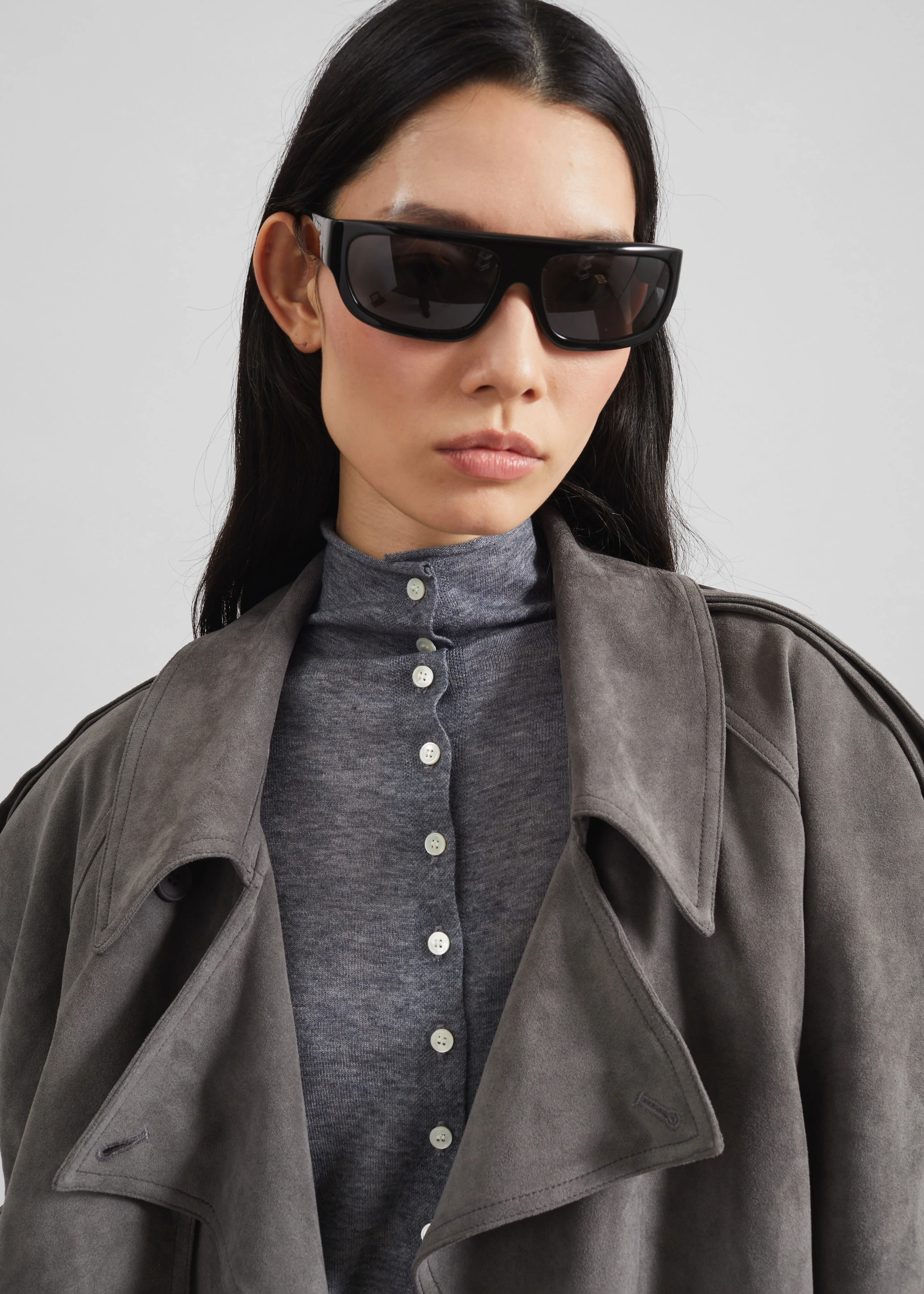Islington Faux Suede Cropped Trench - Grey - Image 5