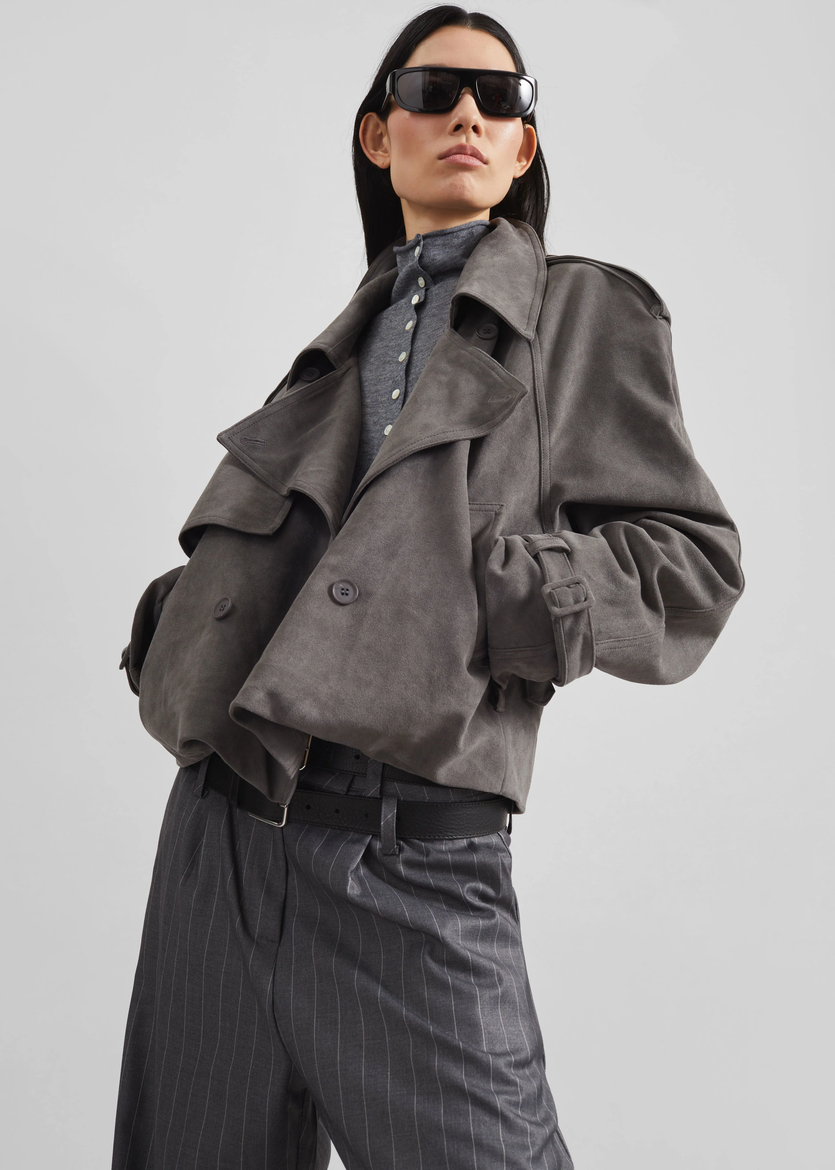 Islington Faux Suede Cropped Trench - Grey - Image 6