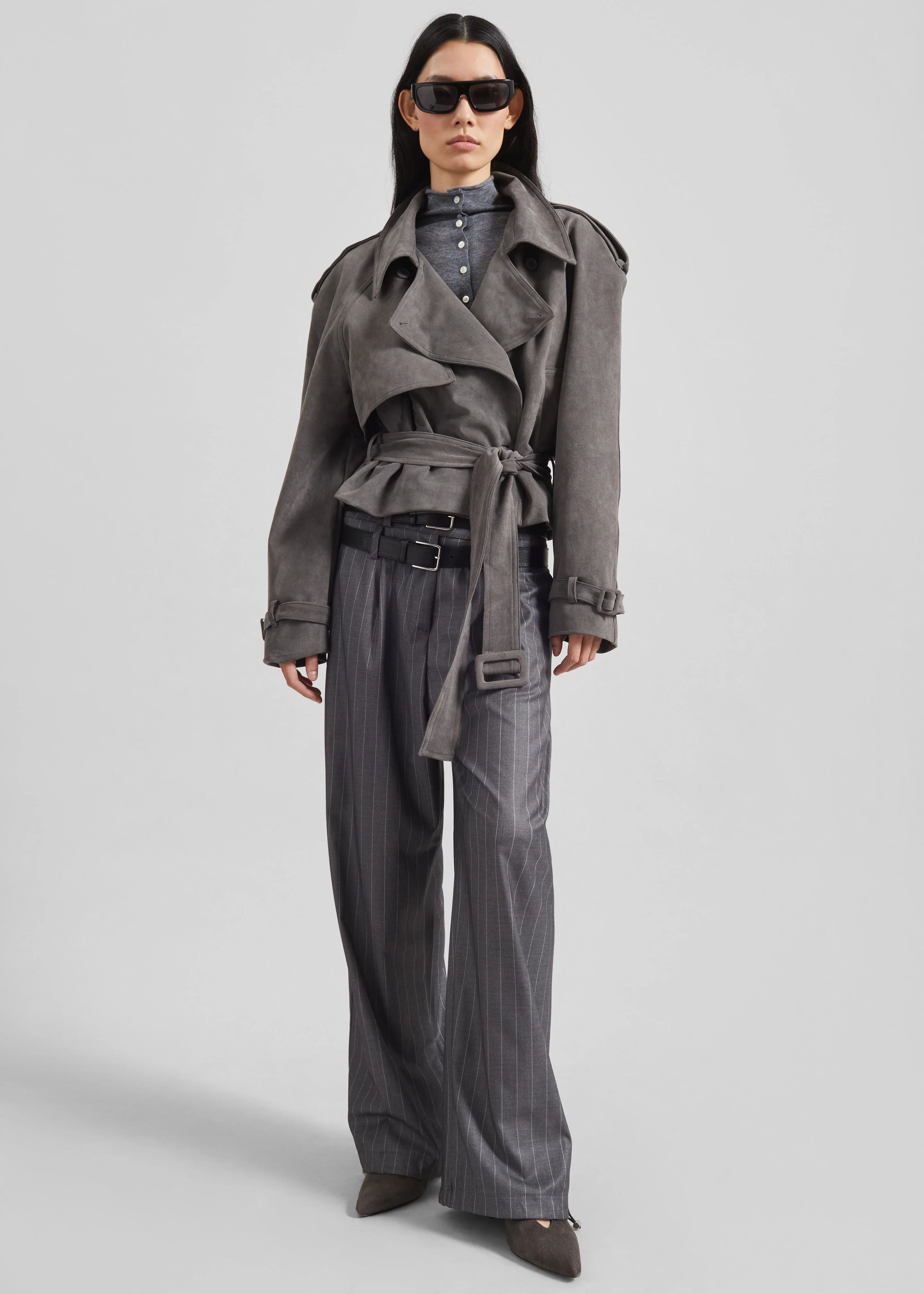 Islington Faux Suede Cropped Trench - Grey - Image 9