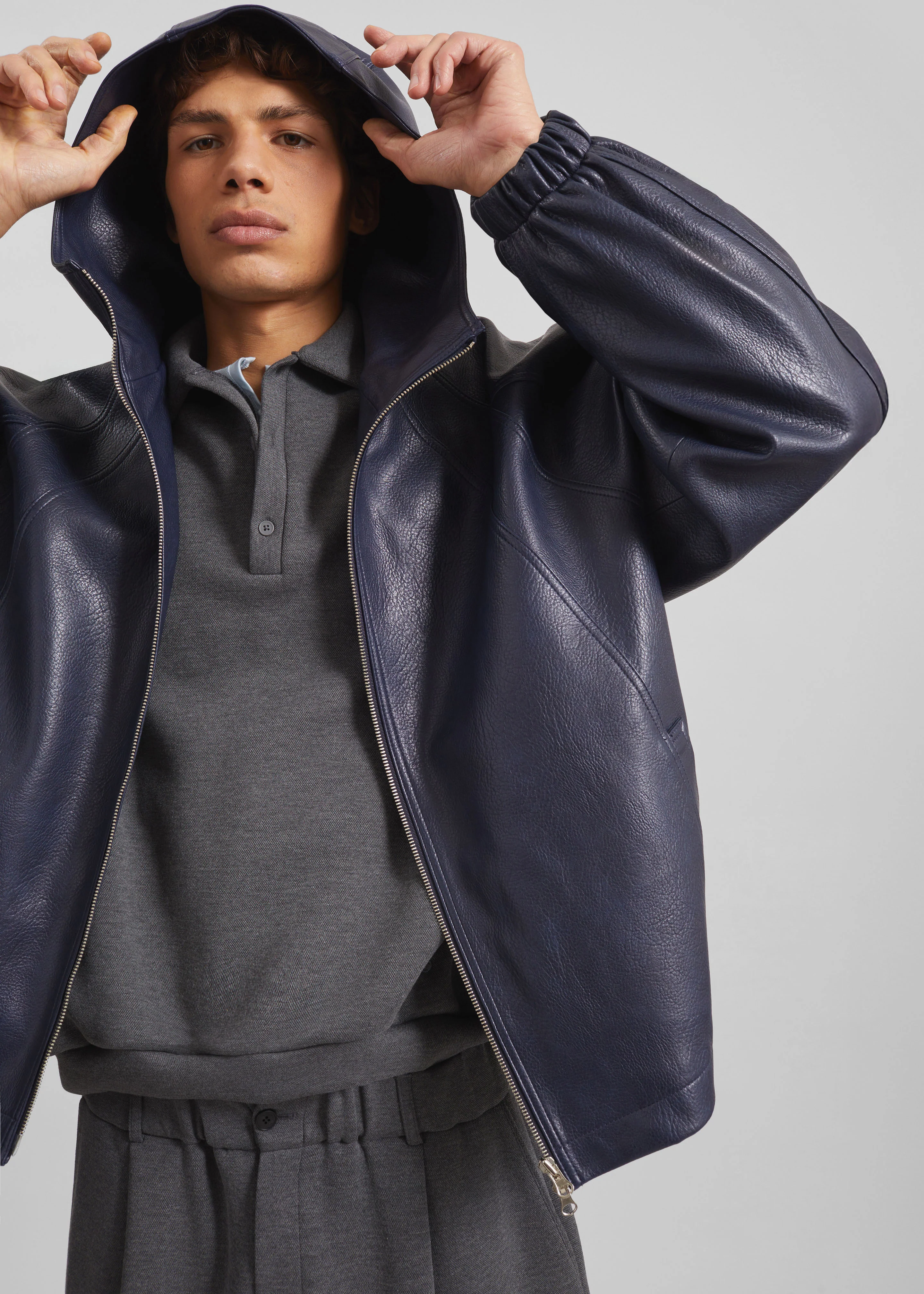 Iver Faux Leather Hooded Jacket - Navy - Image 2