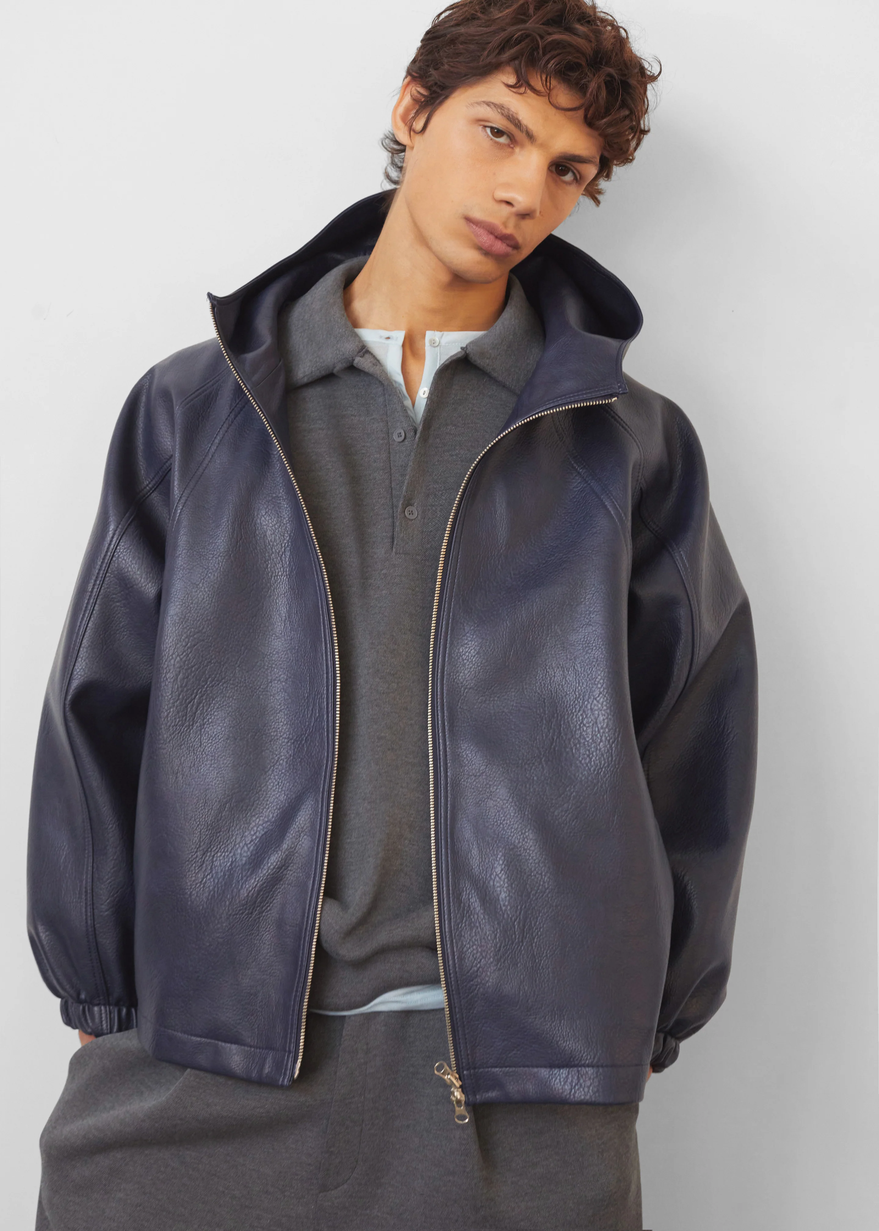 Iver Faux Leather Hooded Jacket - Navy - Image 3