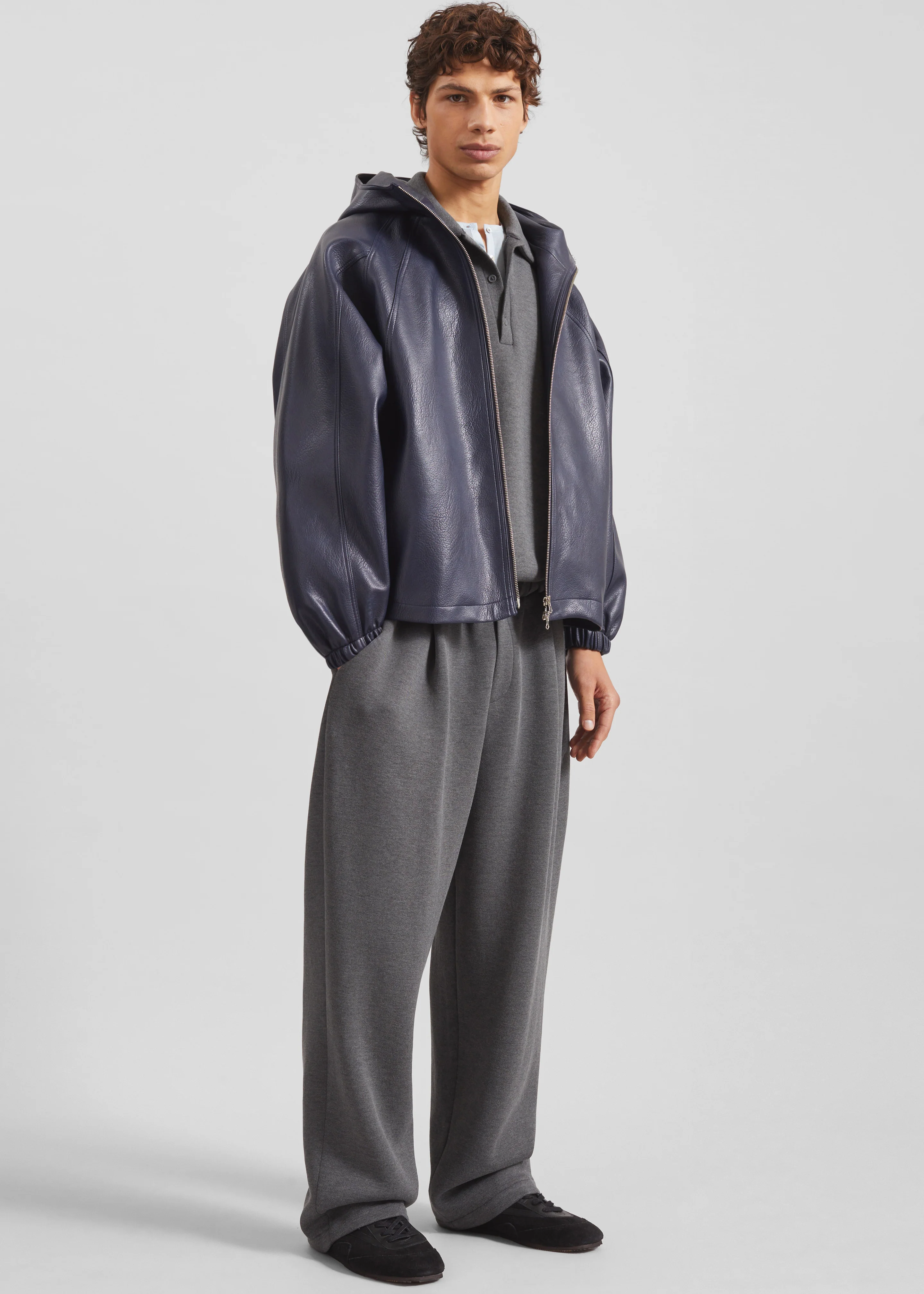 Iver Faux Leather Hooded Jacket - Navy - Image 8