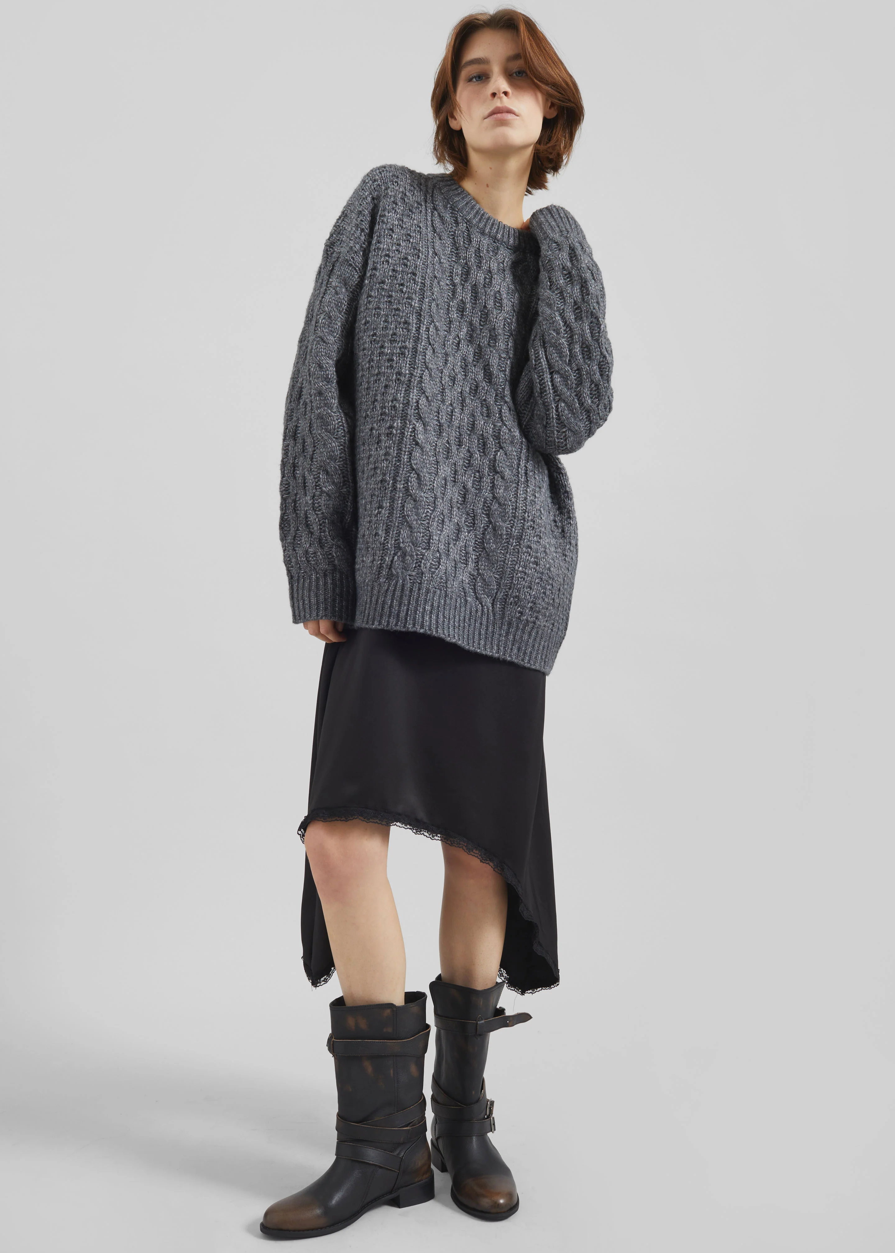 Janesen Oversized Cable Knit Sweater - Grey Melange - Image 5