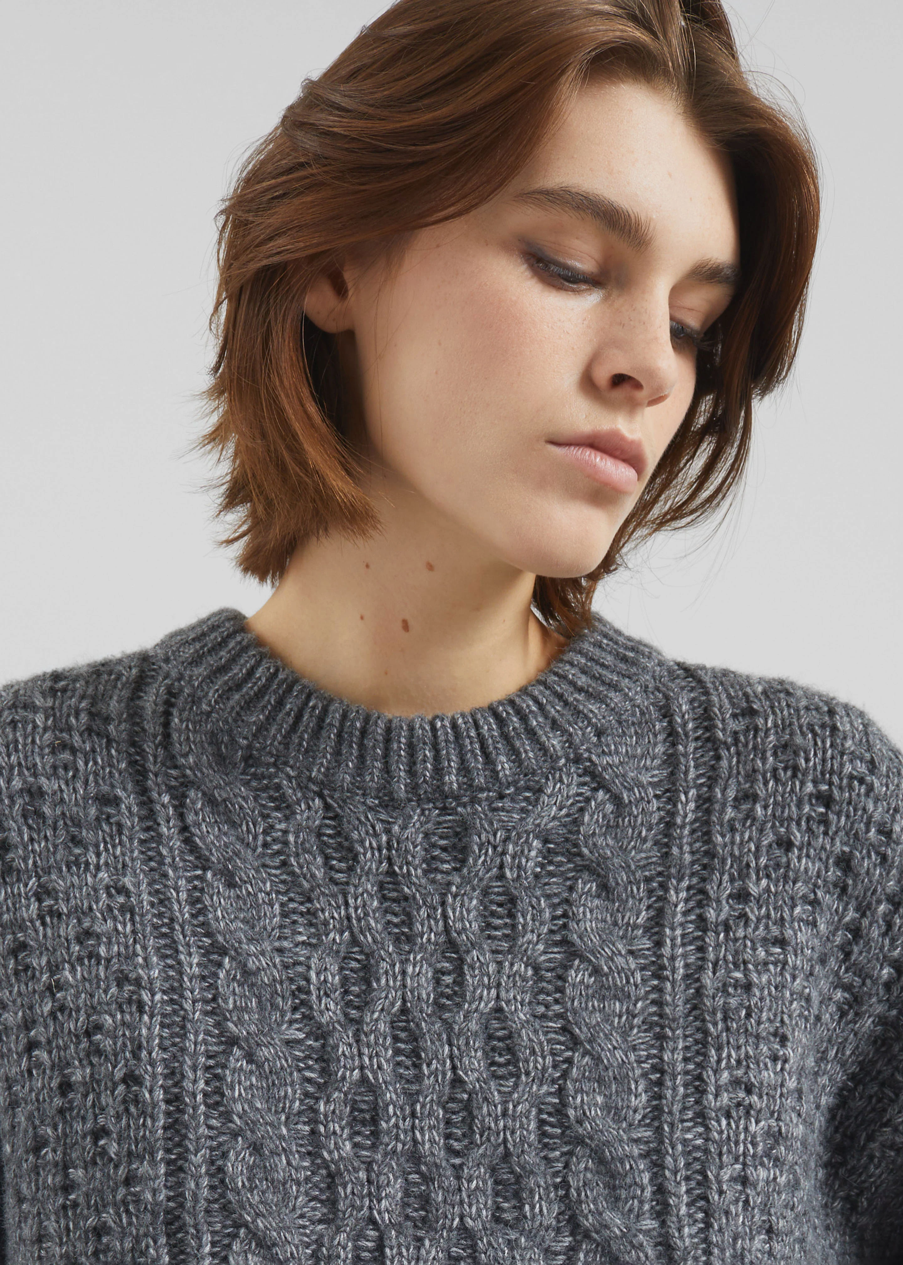 Janesen Oversized Cable Knit Sweater - Grey Melange - Image 6
