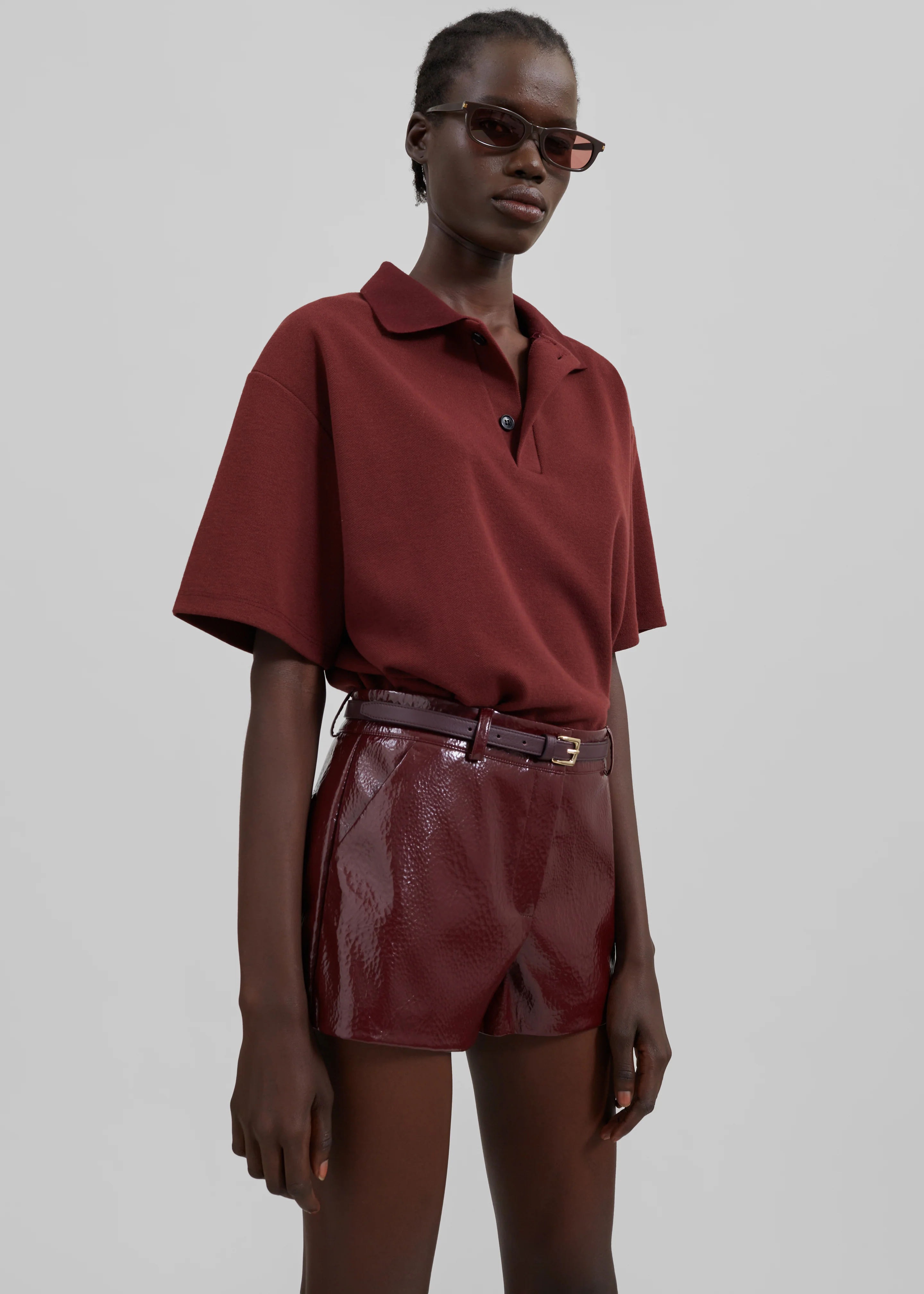 Kate Crackled Faux Leather Mini Shorts - Burgundy - Image 10