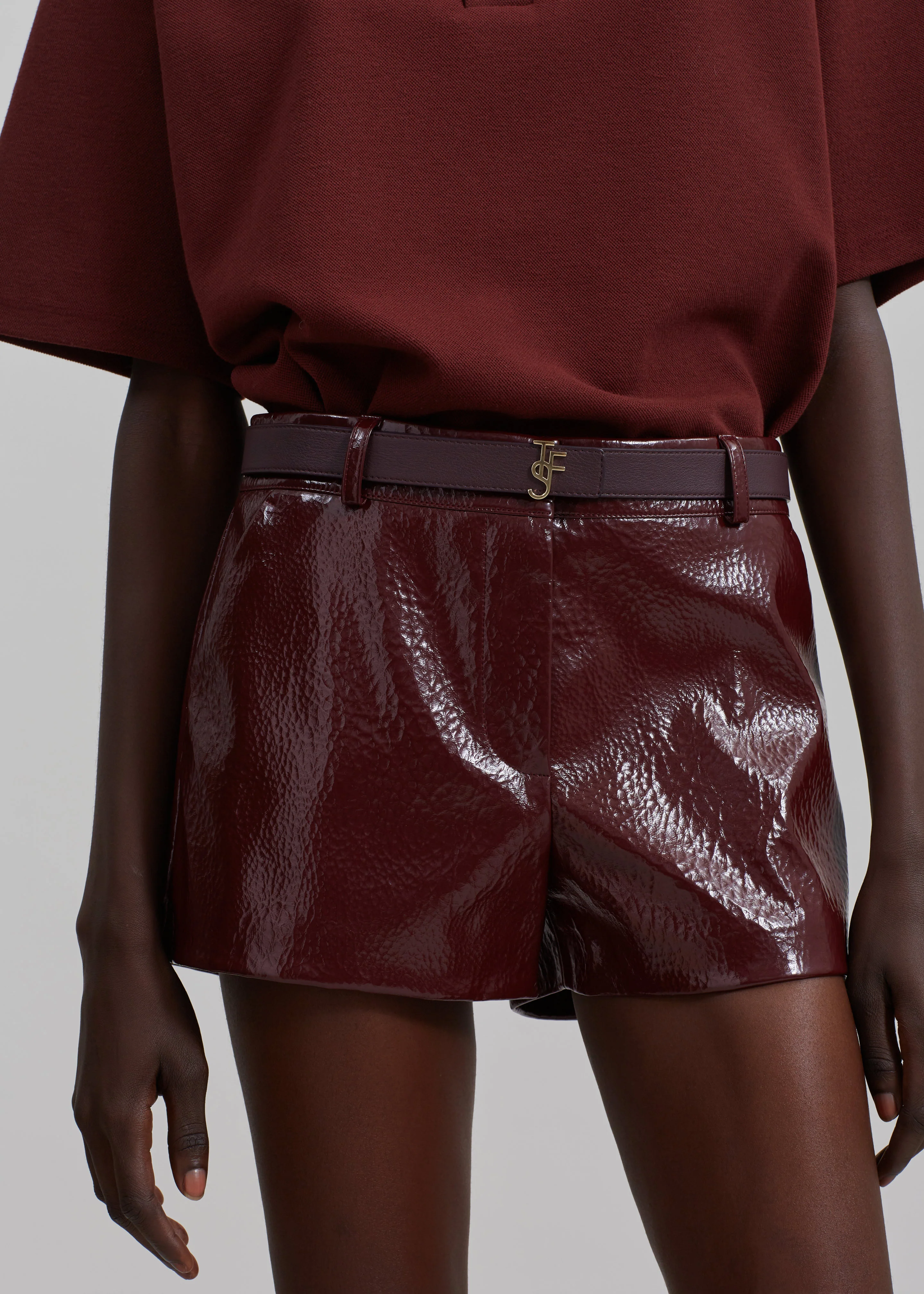 Kate Crackled Faux Leather Mini Shorts - Burgundy - Image 4