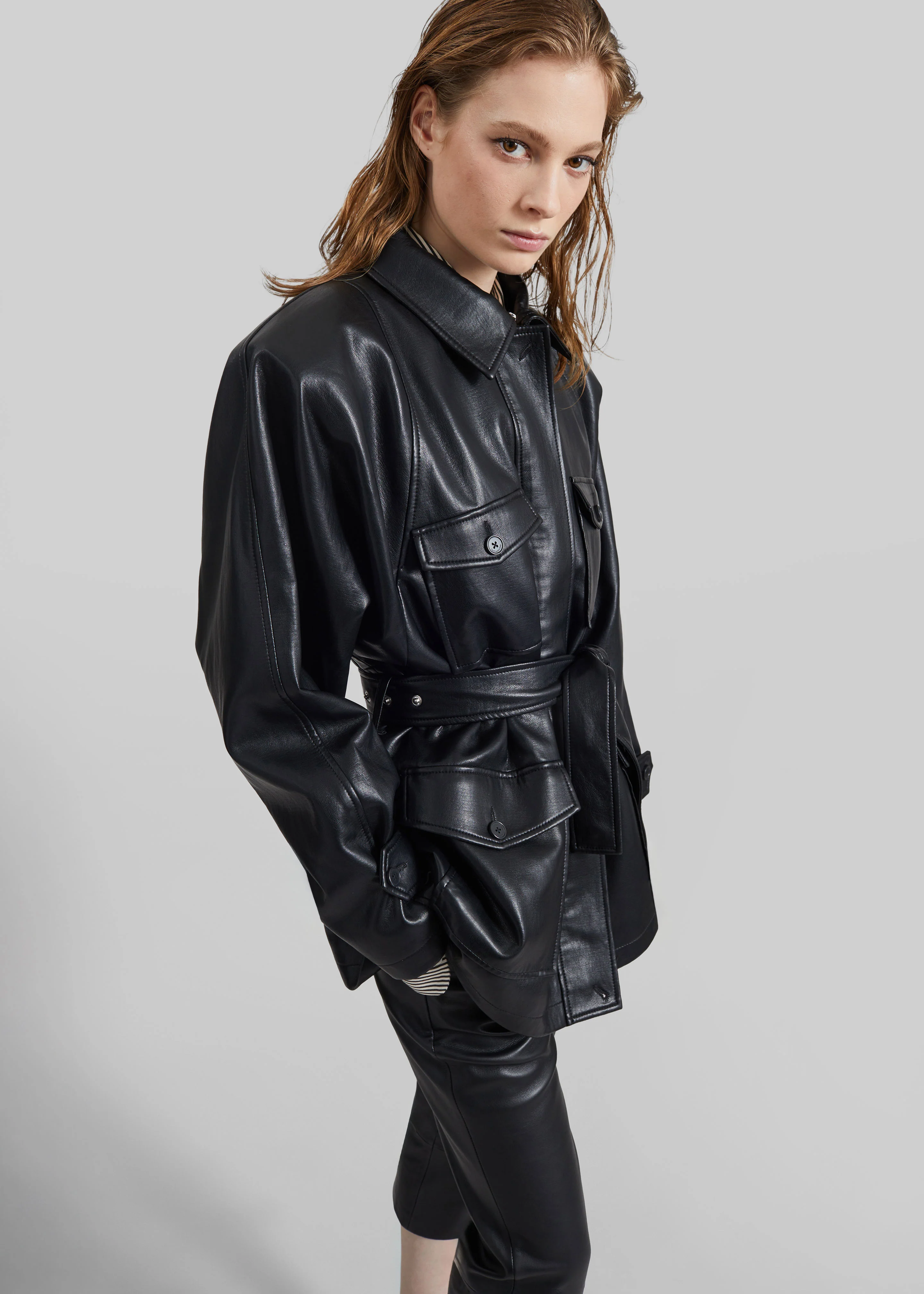 Kelia Faux Leather Padded Utility Jacket - Black - Image 6