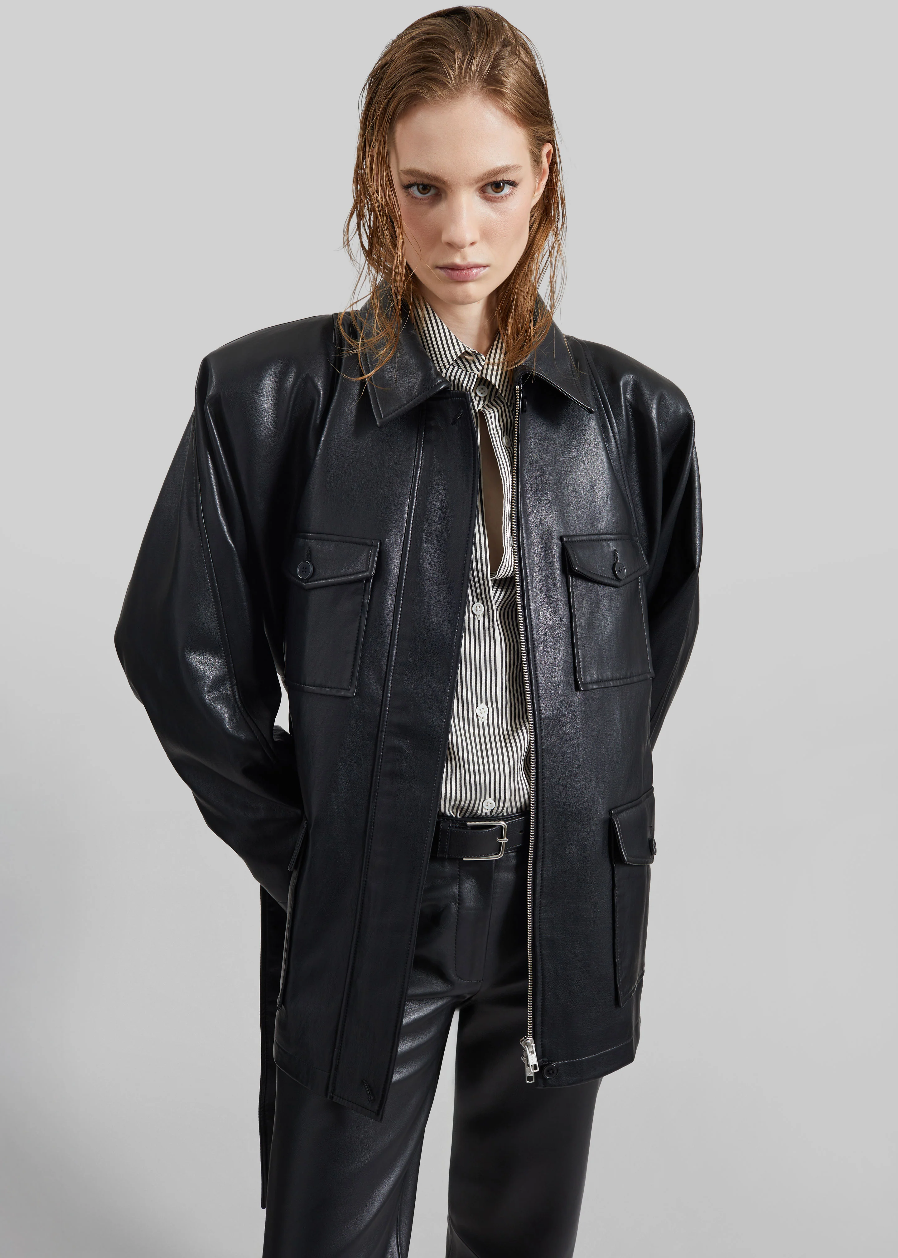 Kelia Faux Leather Padded Utility Jacket - Black - Image 8