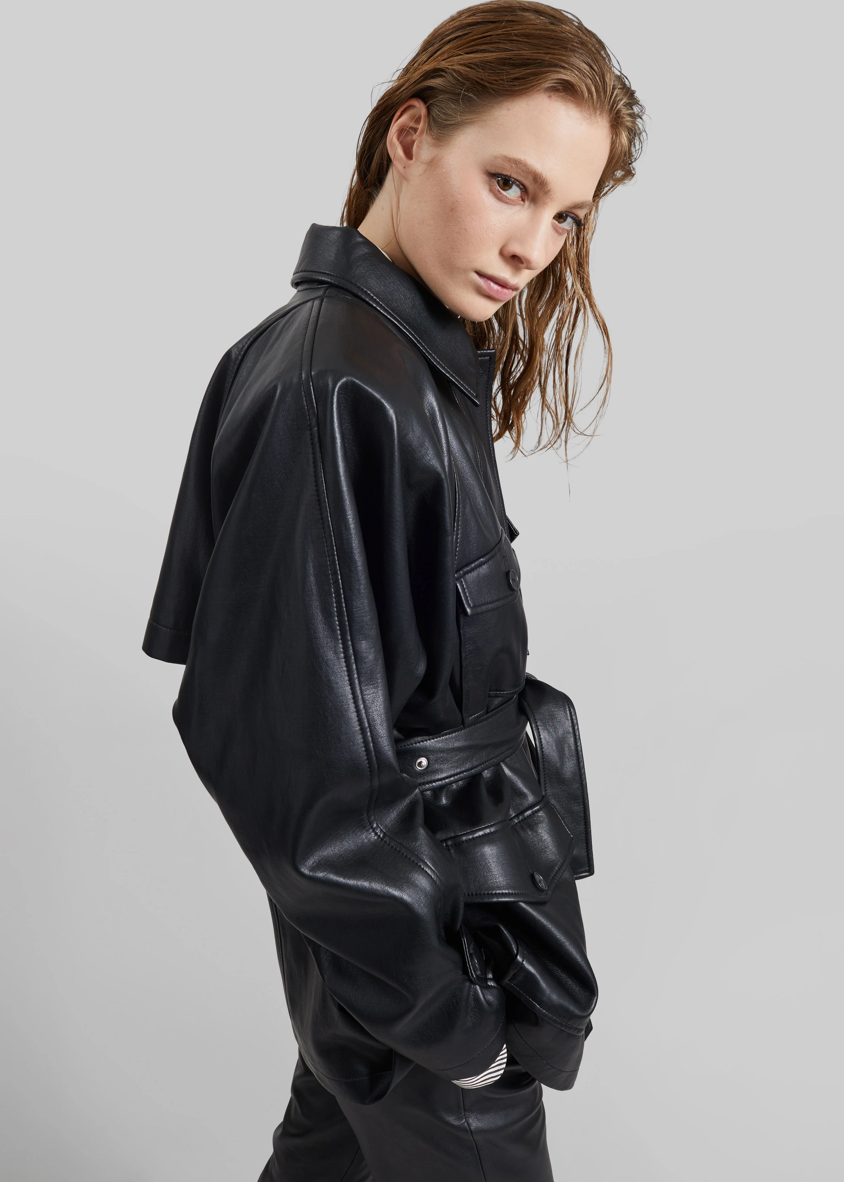 Kelia Faux Leather Padded Utility Jacket - Black - Image 9
