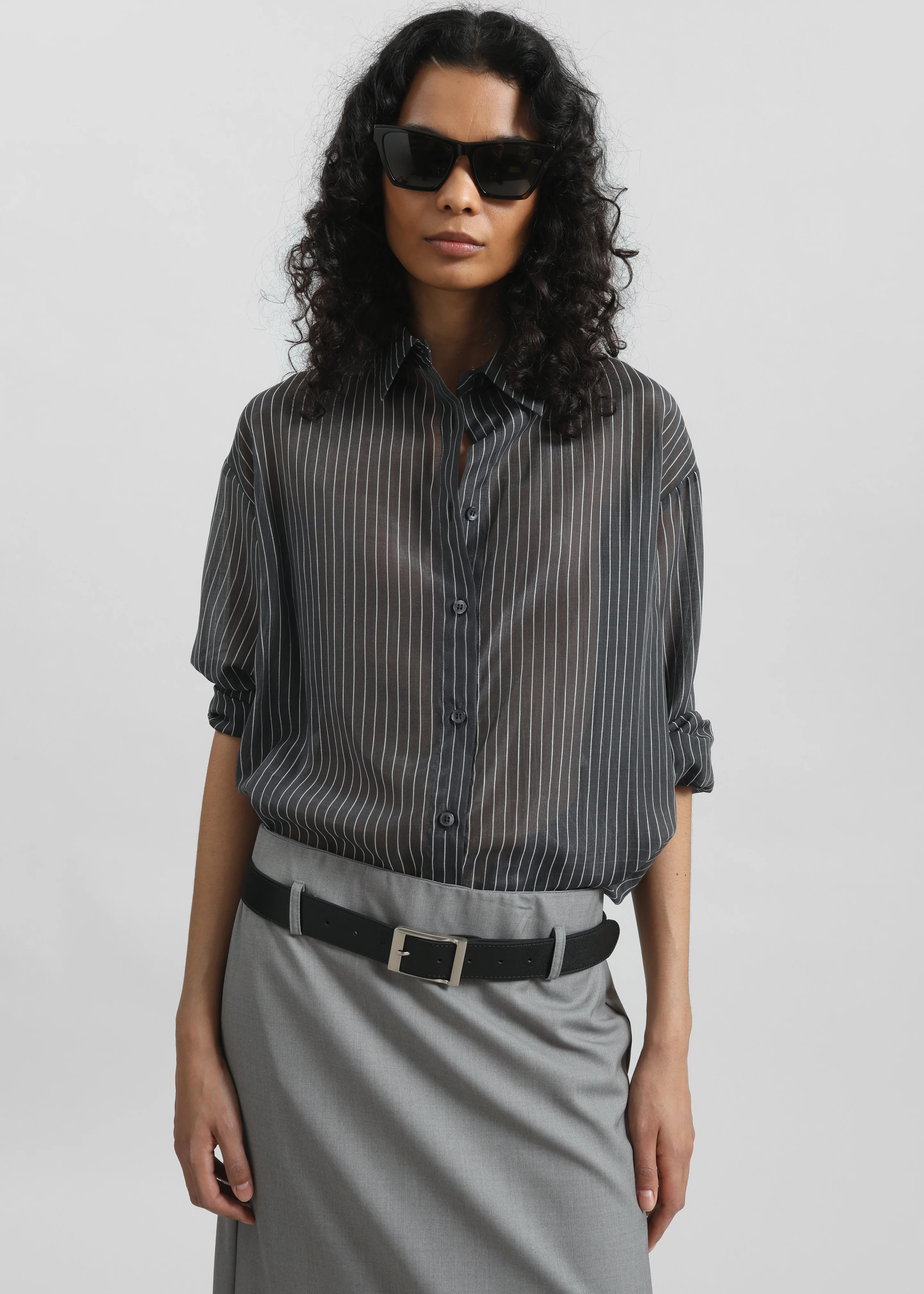 Kesin Open Back Shirt - Grey/White Stripe
