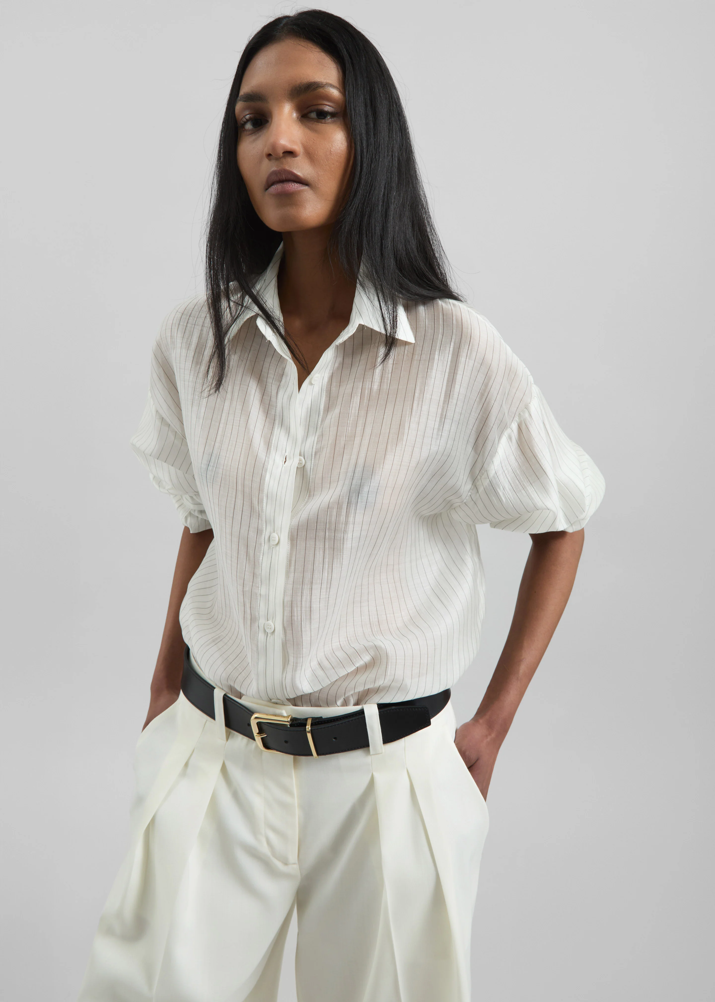 Kesin Open Back Shirt - White/Grey Stripe - Image 2