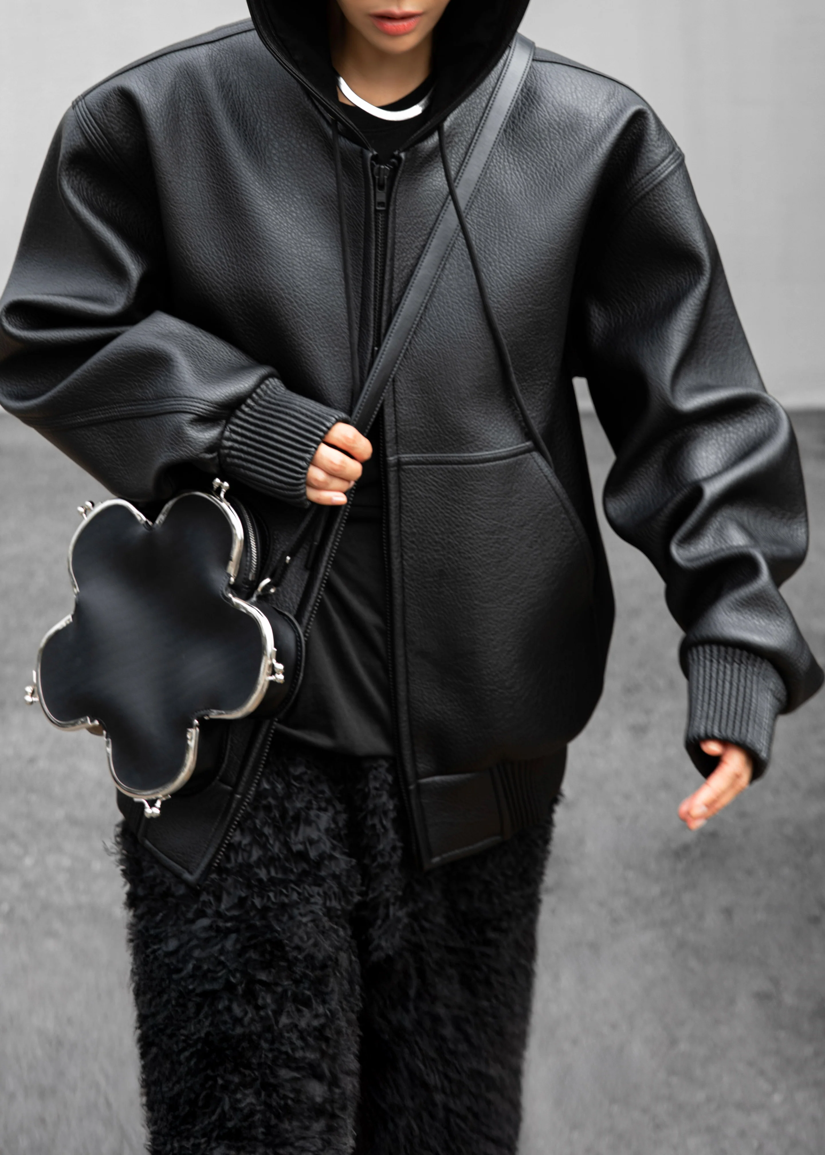 Kodai Faux Leather Bomber Jacket - Black - Image 10