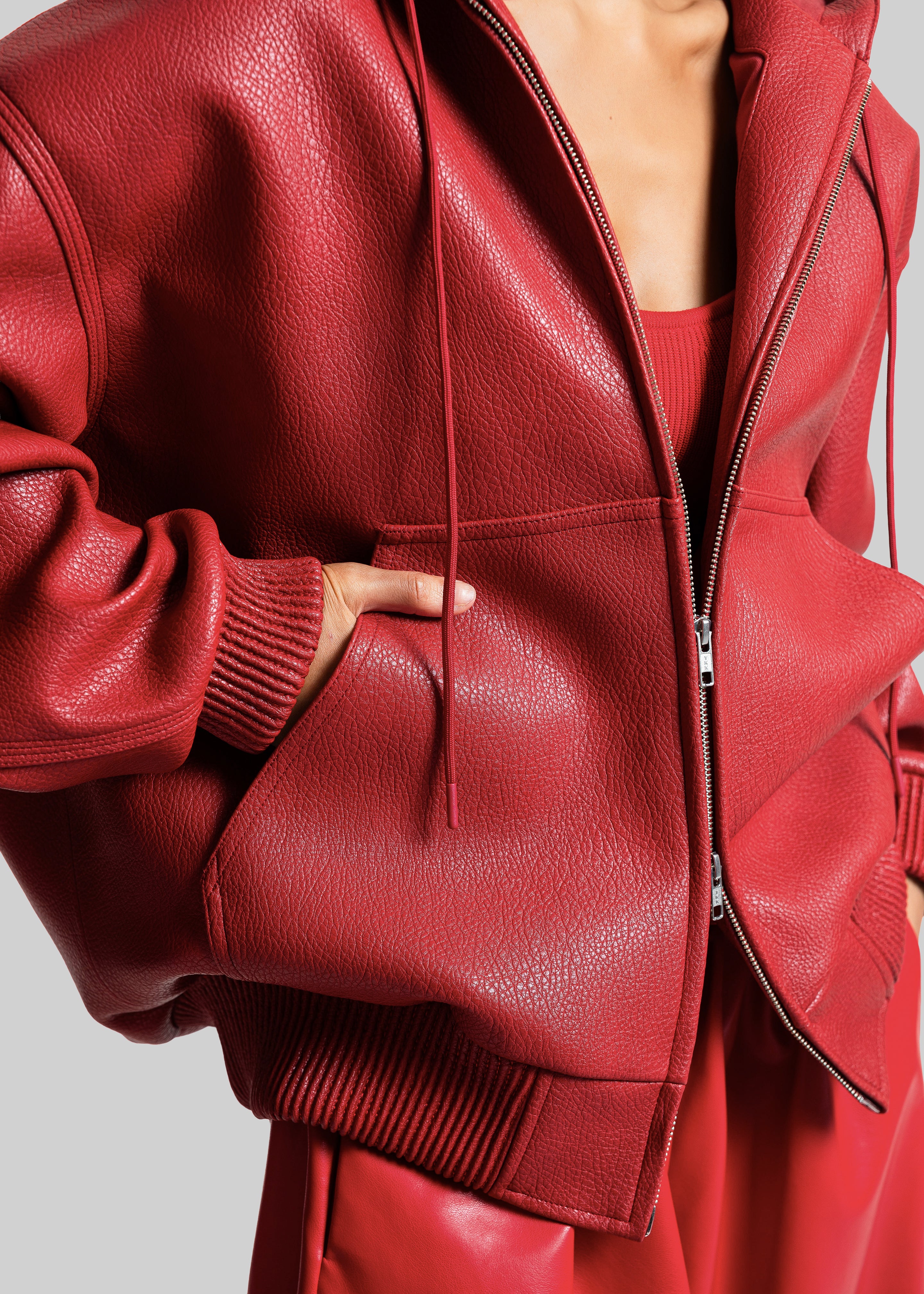Kodai Faux Leather Bomber Jacket - Red - Image 3