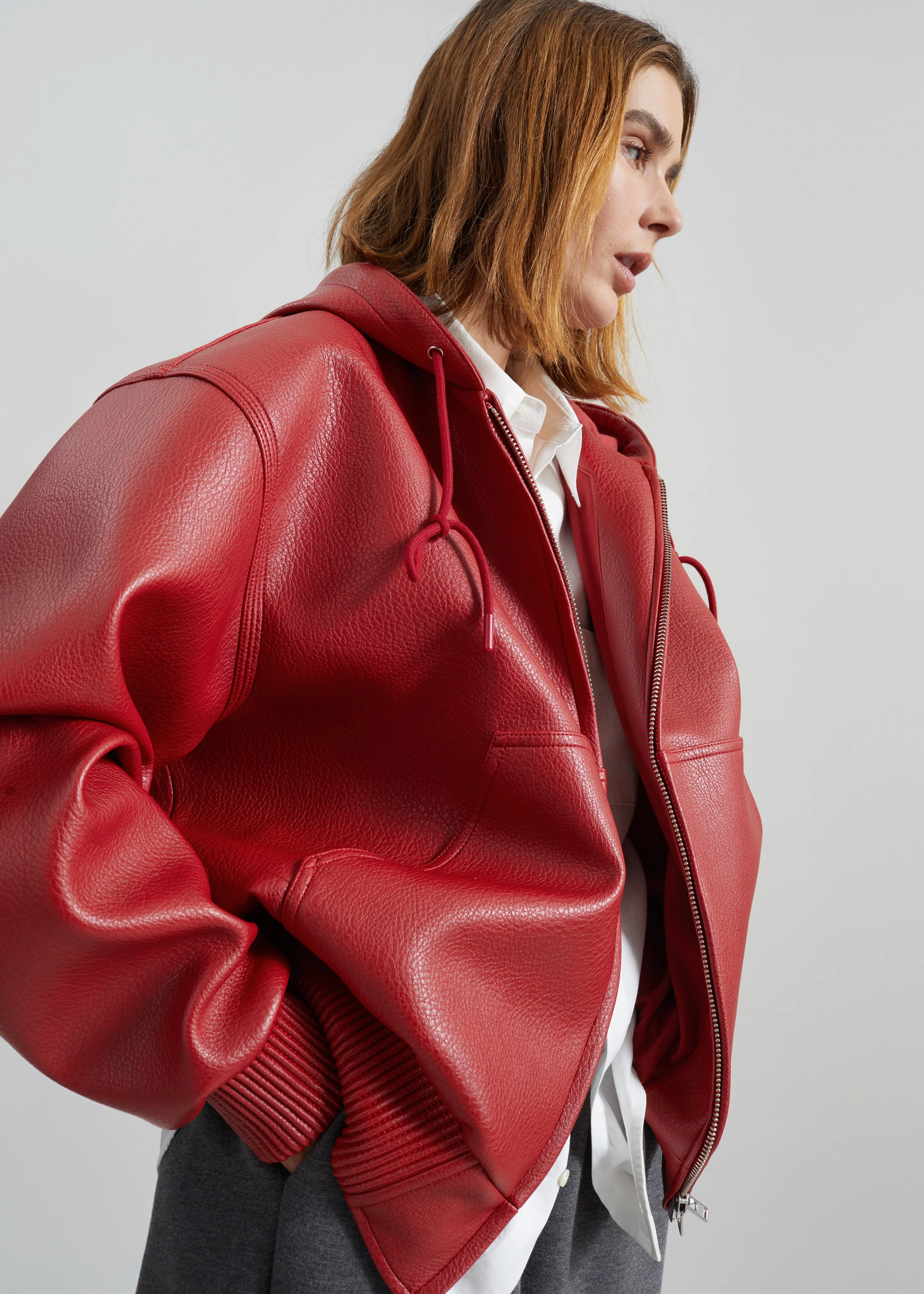 Kodai Faux Leather Bomber Jacket - Red - Image 8