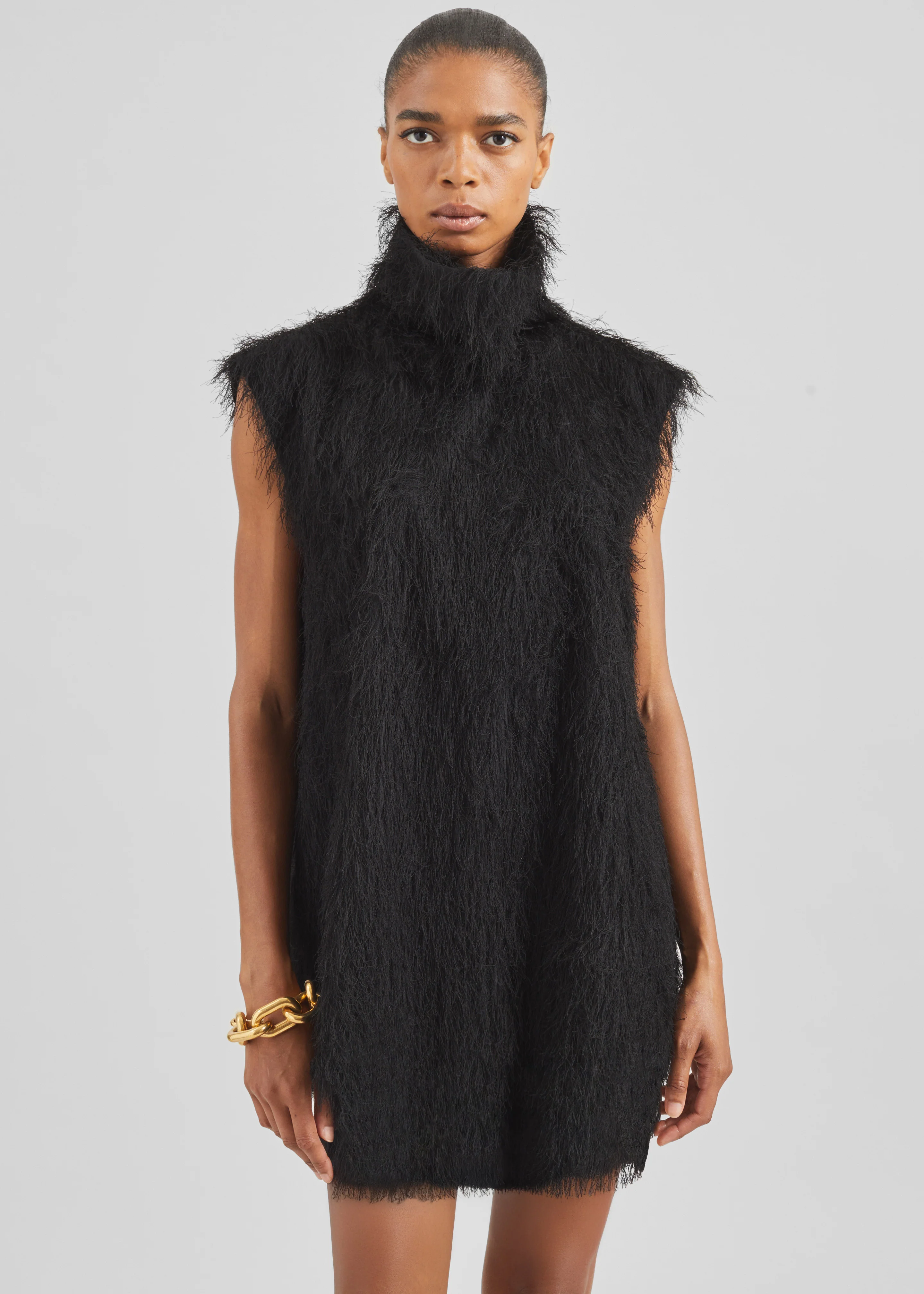 Lancy Fringed Funnel Neck Dress - Black - Image 4
