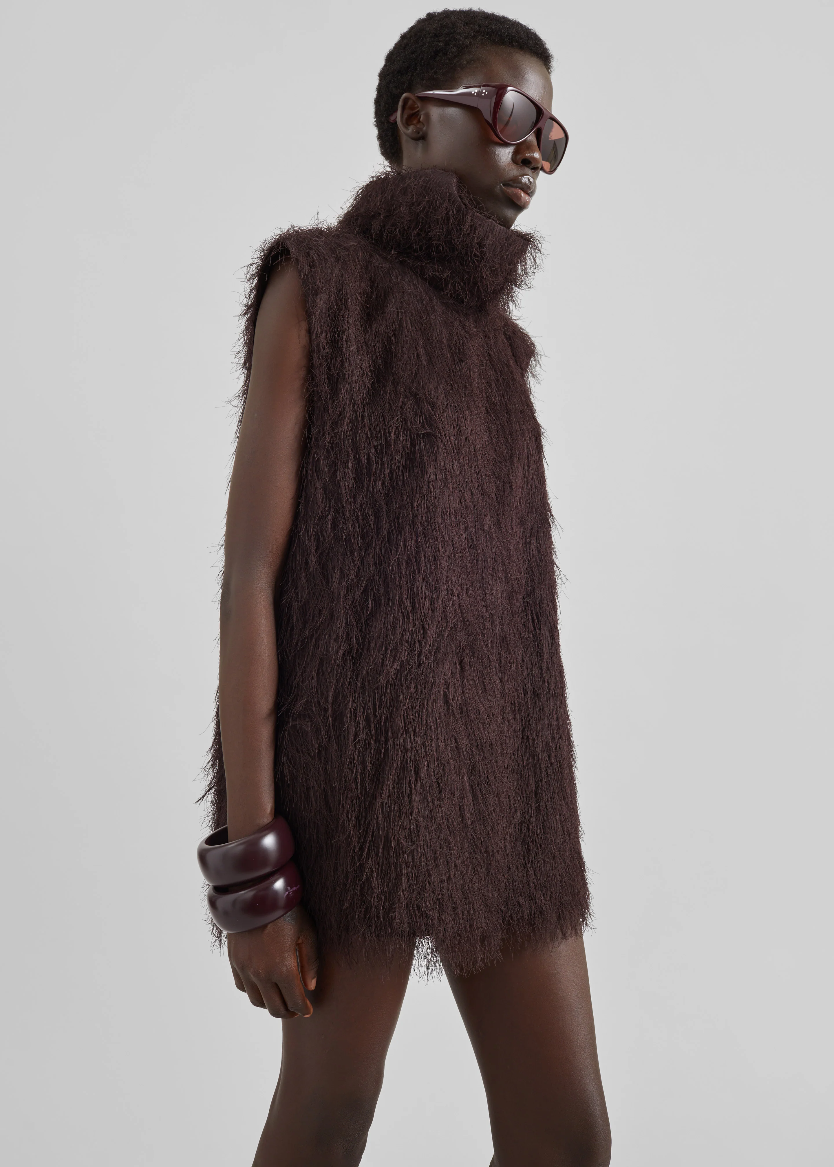 Lancy Fringed Funnel Neck Dress - Dark Brown - Image 6