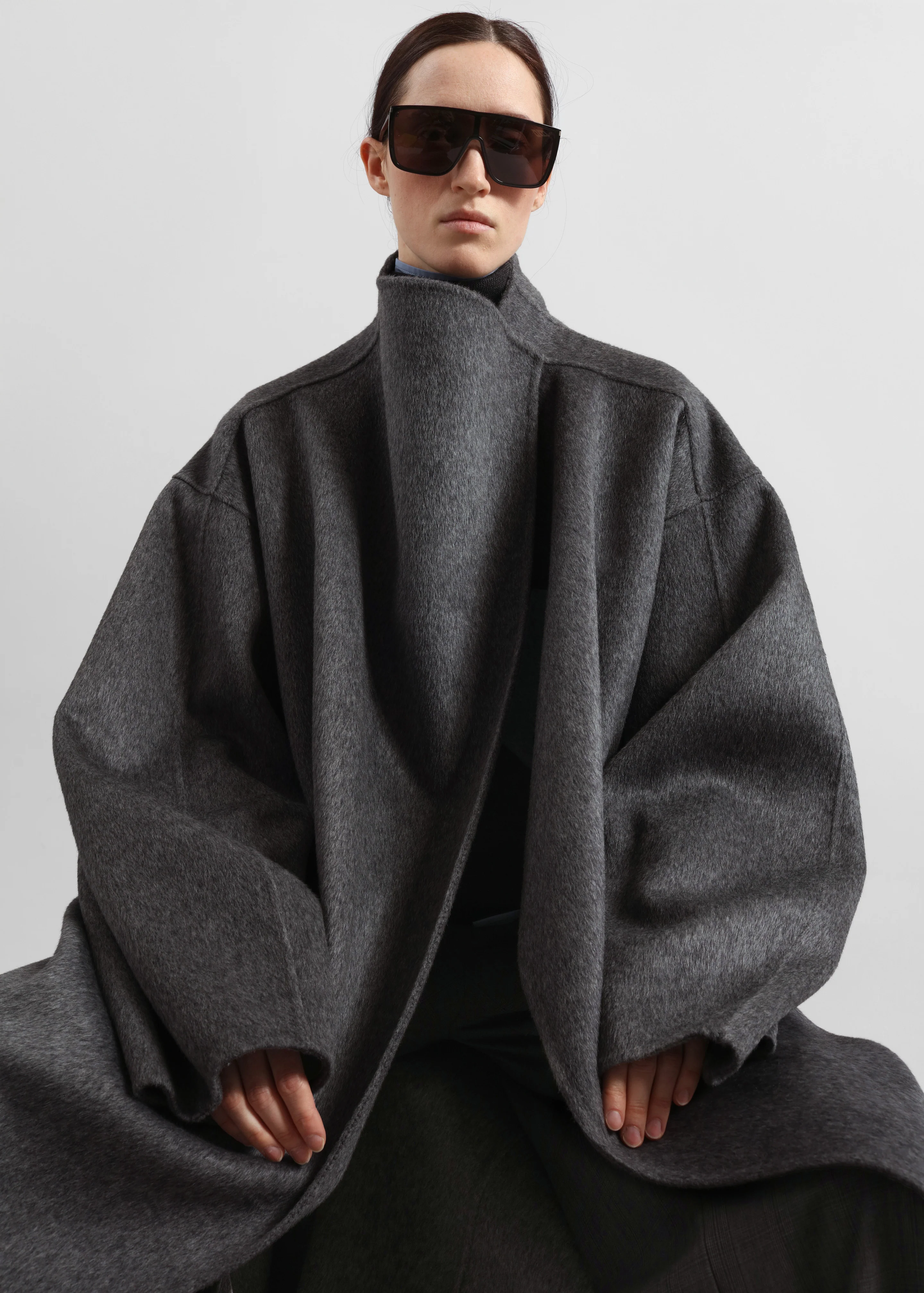 Leroy Funnel Neck Wool Coat - Dark Grey Melange - Image 3