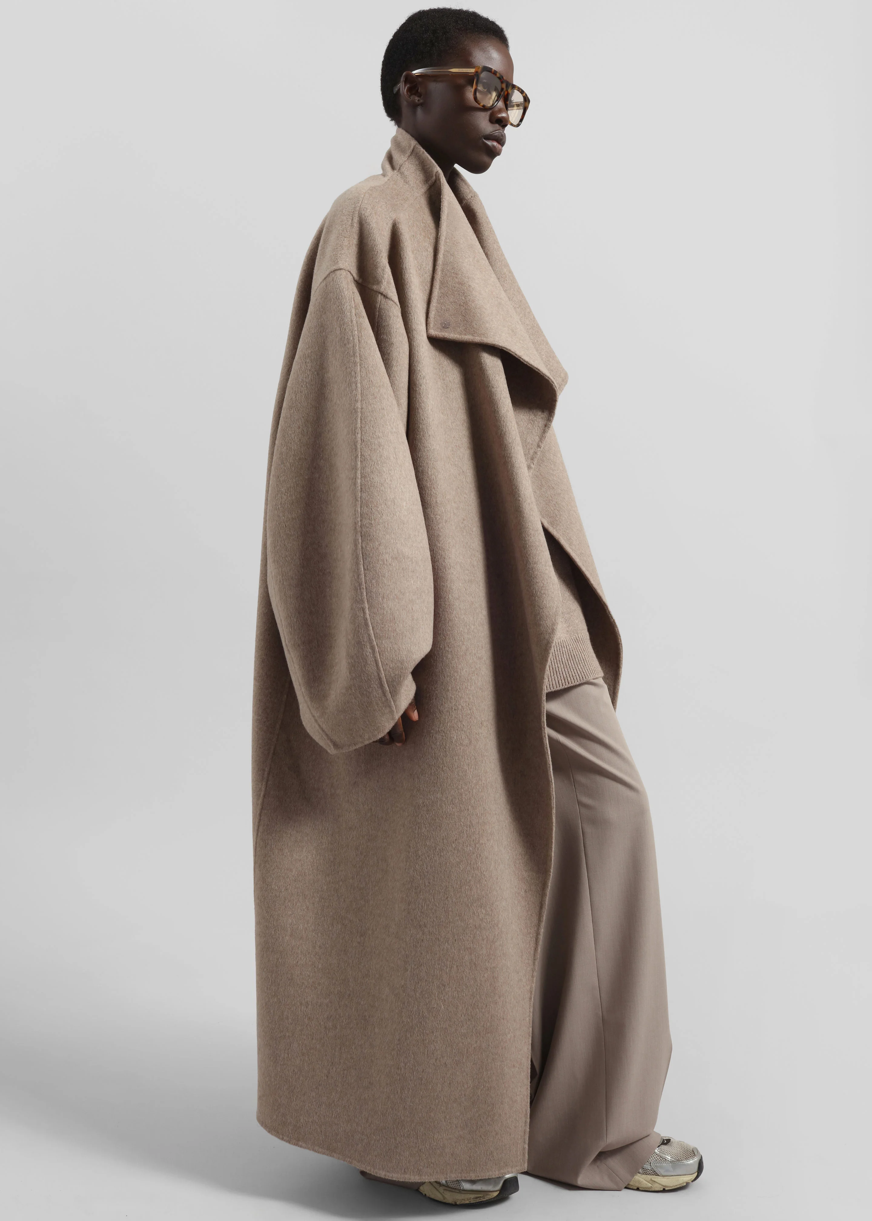 Leroy Funnel Neck Wool Coat - Taupe Melange - Image 2