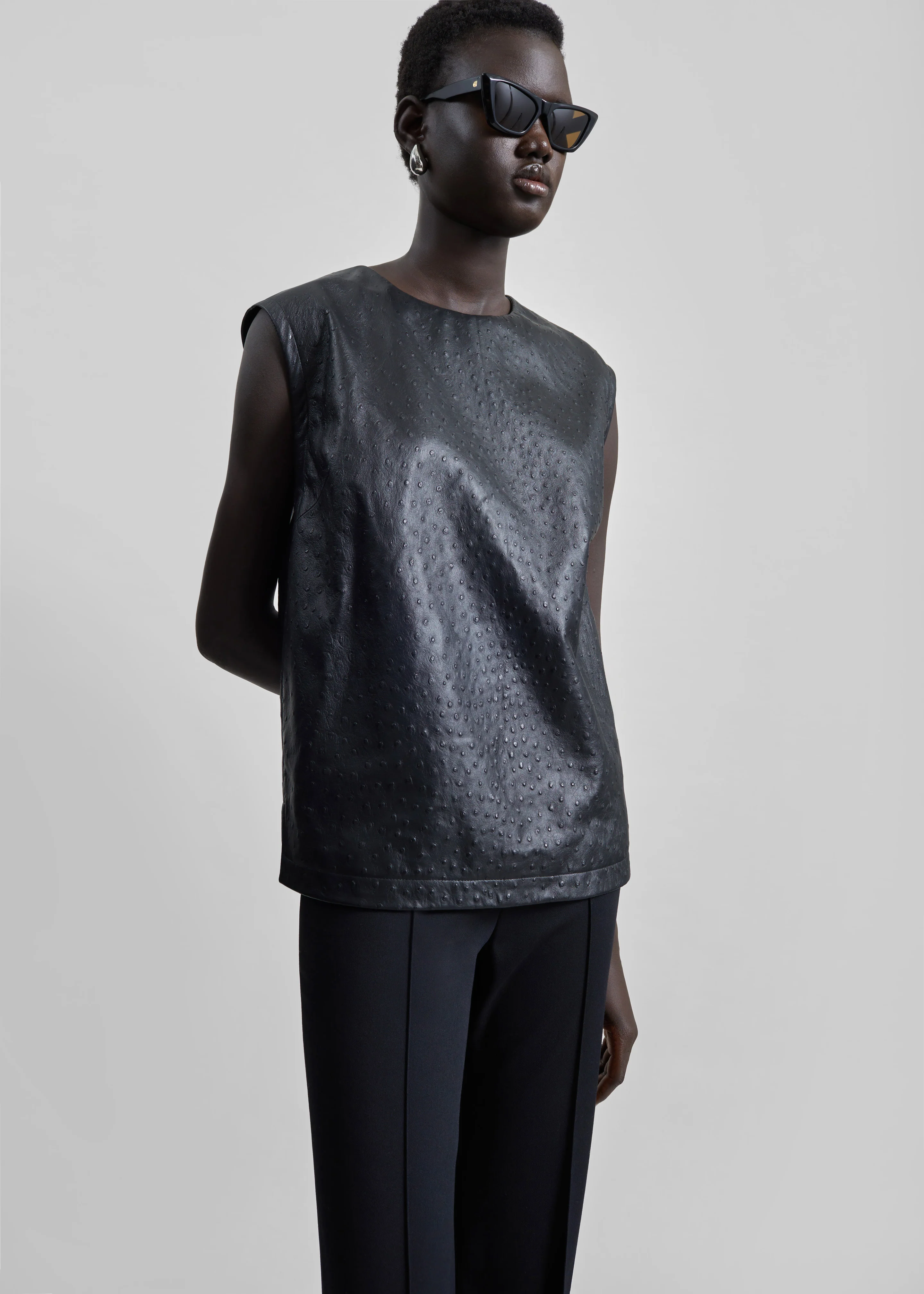 Loulou de Saison Fiza Ostrich-Effect Leather Top - Black - Image 4