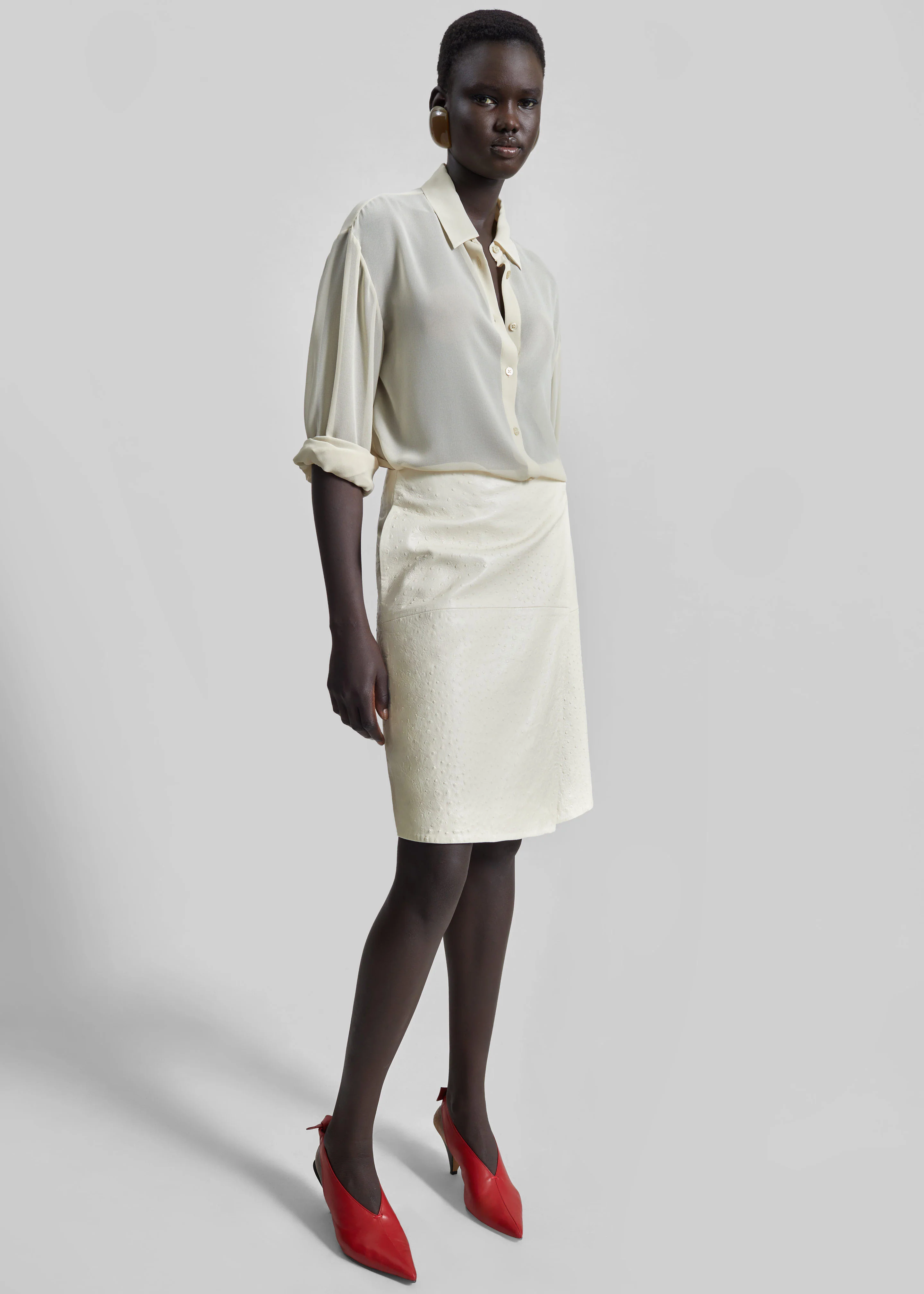 Loulou de Saison Gora Ostrich-Effect Leather Wrap Skirt - Ivory - Image 5