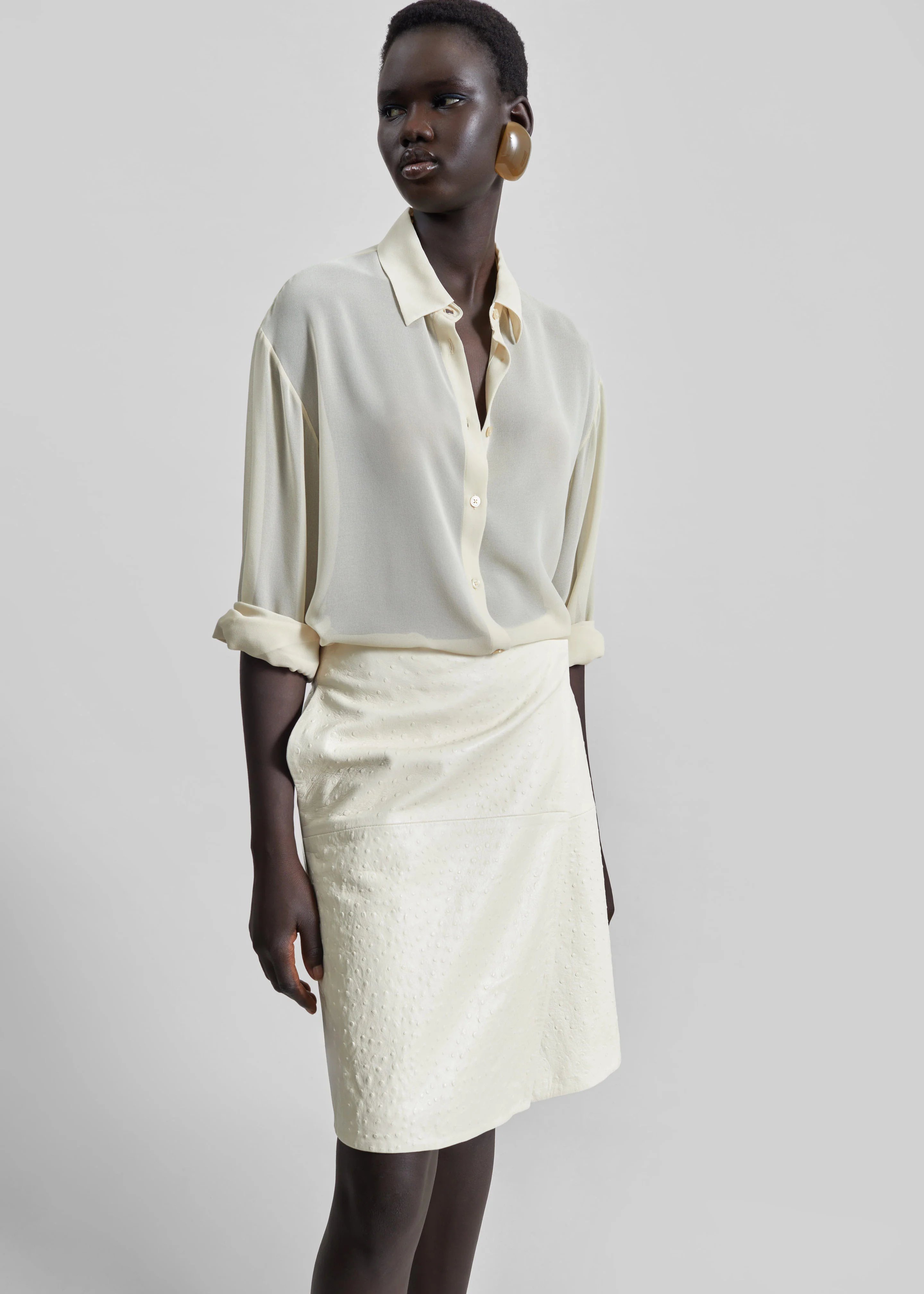 Loulou de Saison Gora Ostrich-Effect Leather Wrap Skirt - Ivory - Image 6