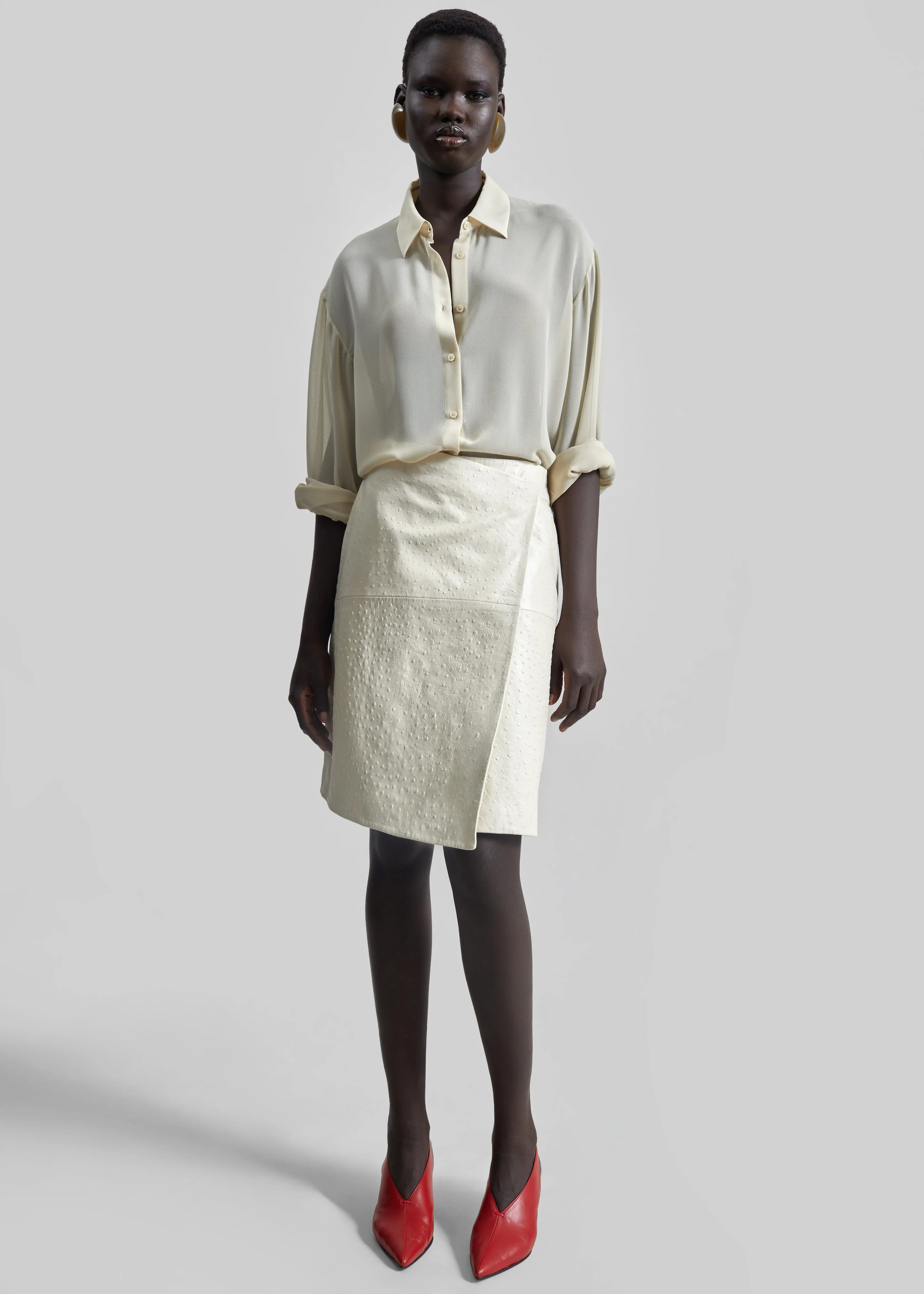 Loulou de Saison Gora Ostrich-Effect Leather Wrap Skirt - Ivory - Image 7