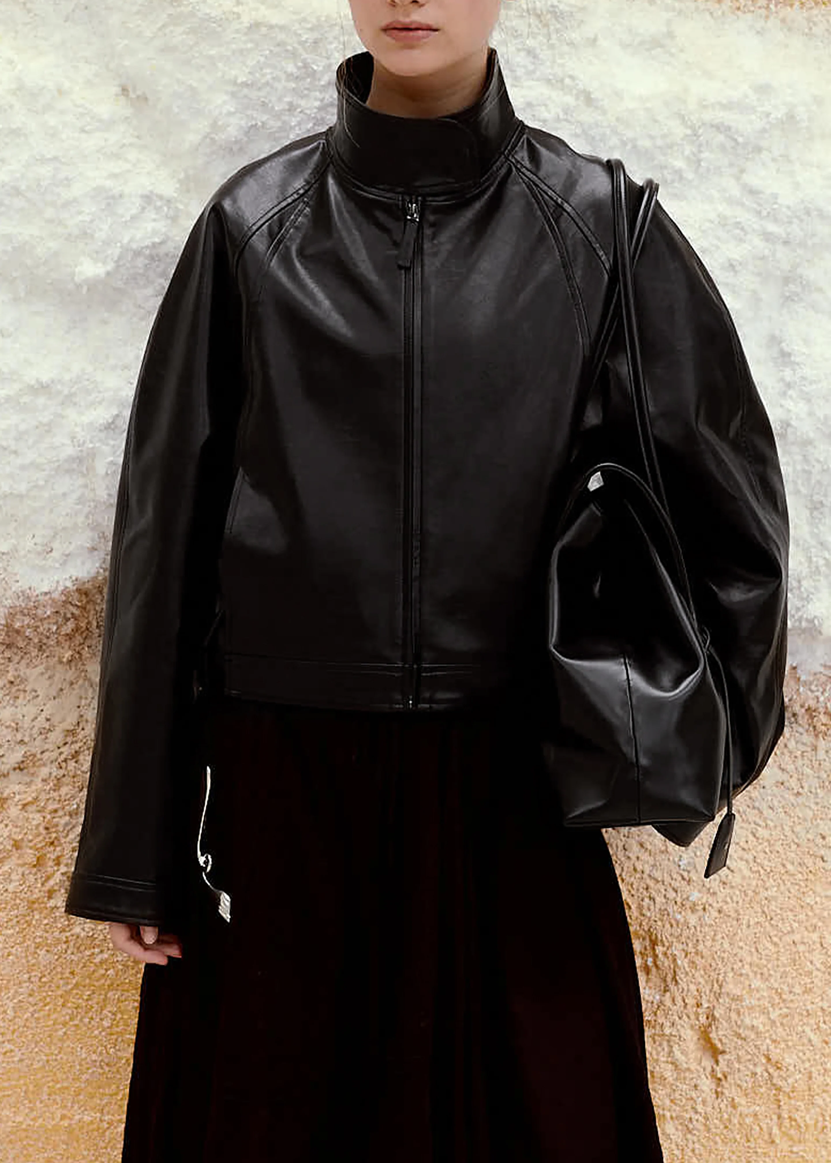 Low Classic Stand Collar Artificial Leather Jumper - Black - Image 6