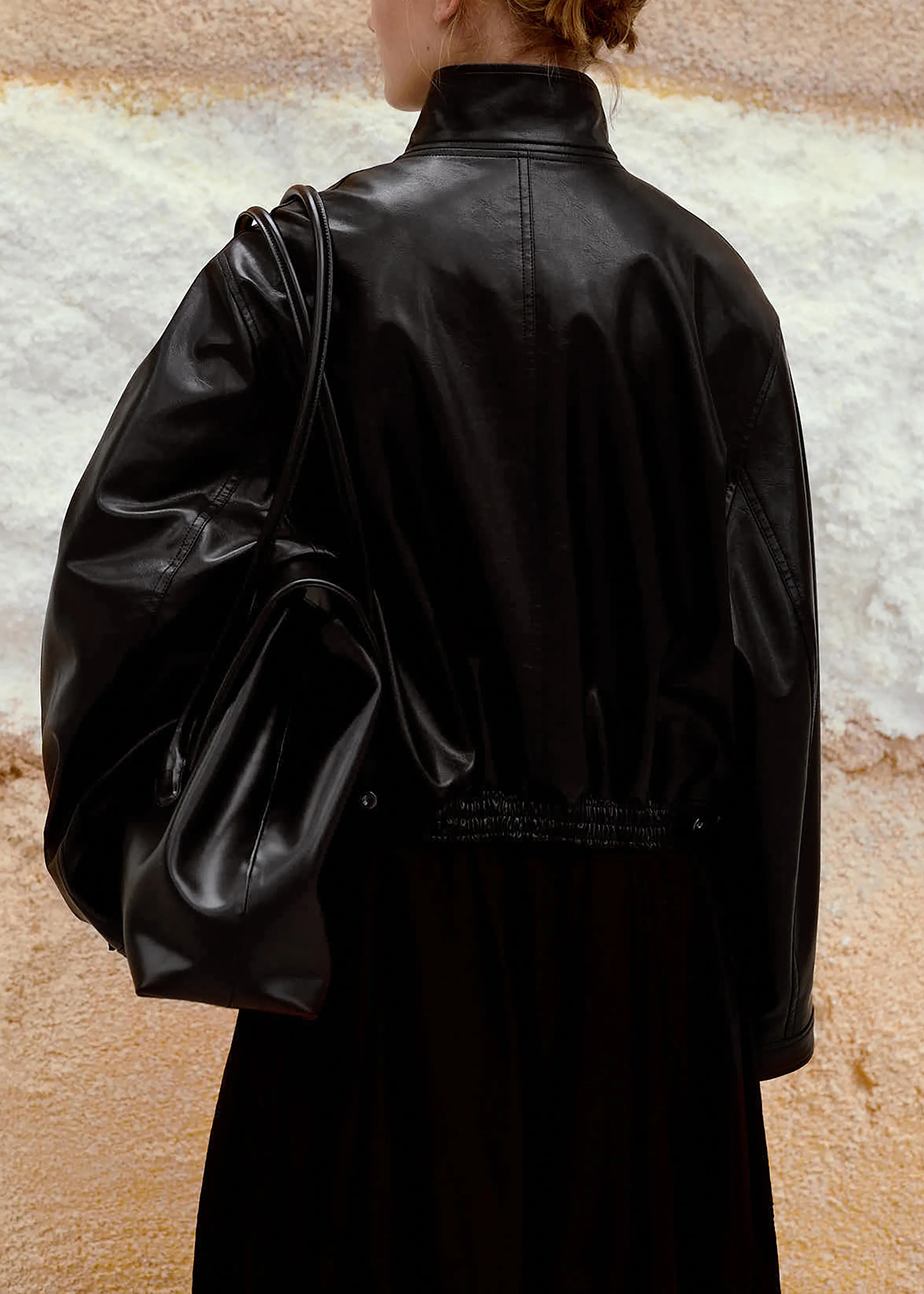 Low Classic Stand Collar Artificial Leather Jumper - Black - Image 7