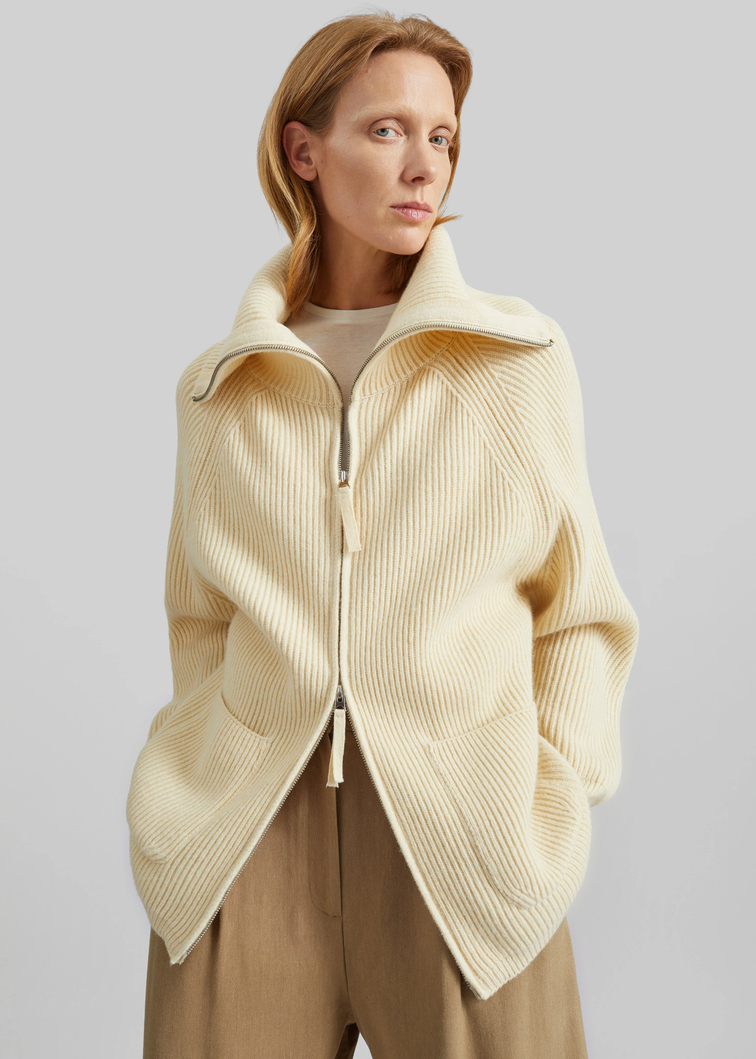 Malabry Knit Zip-Up Cardigan - Pale Yellow - Image 2