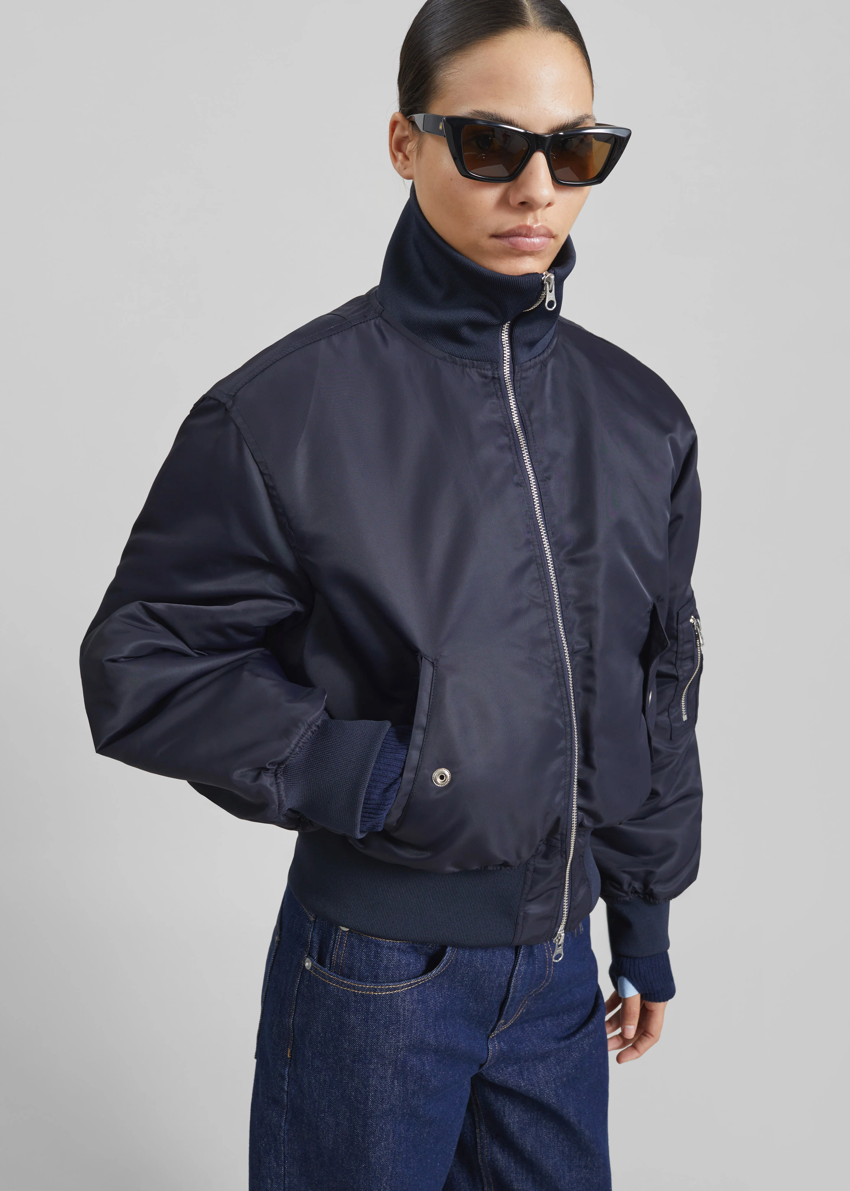 Maloy Cropped Bomber Jacket - Navy - Image 2